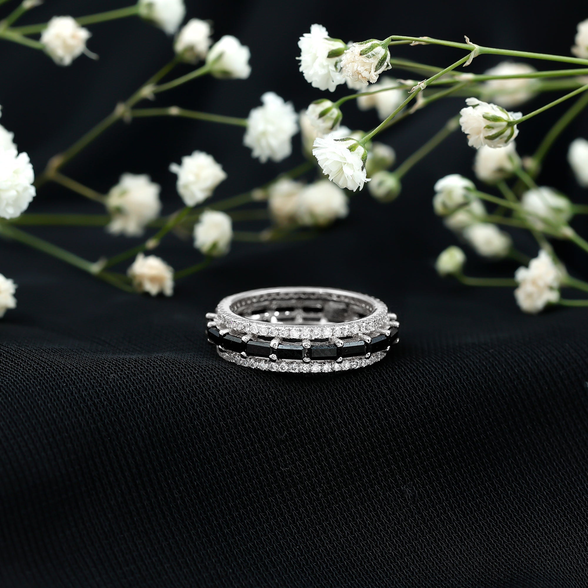 Lab Grown Black Diamond and Moissanite Three Row Wedding Band