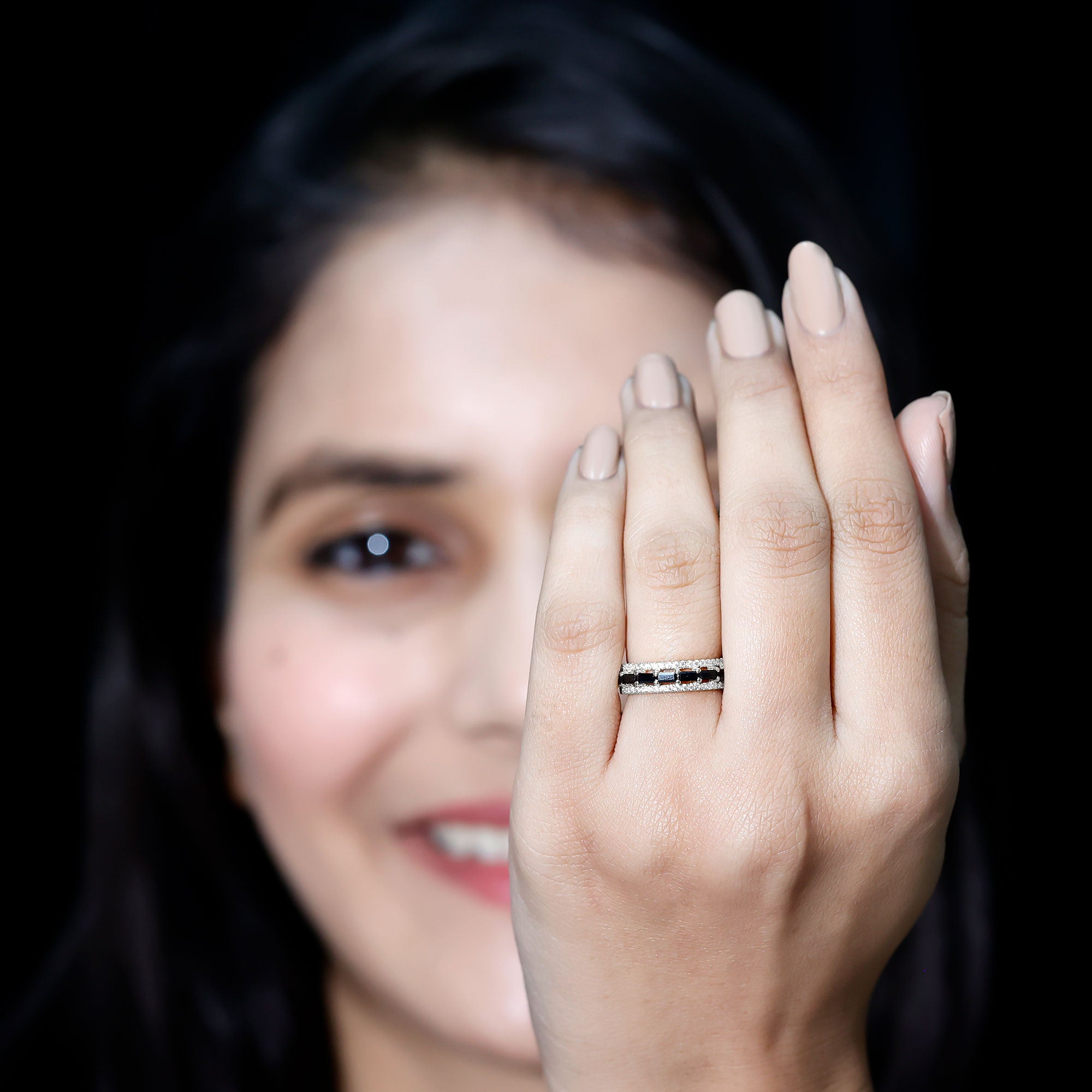 Lab Grown Black Diamond and Moissanite Three Row Wedding Band