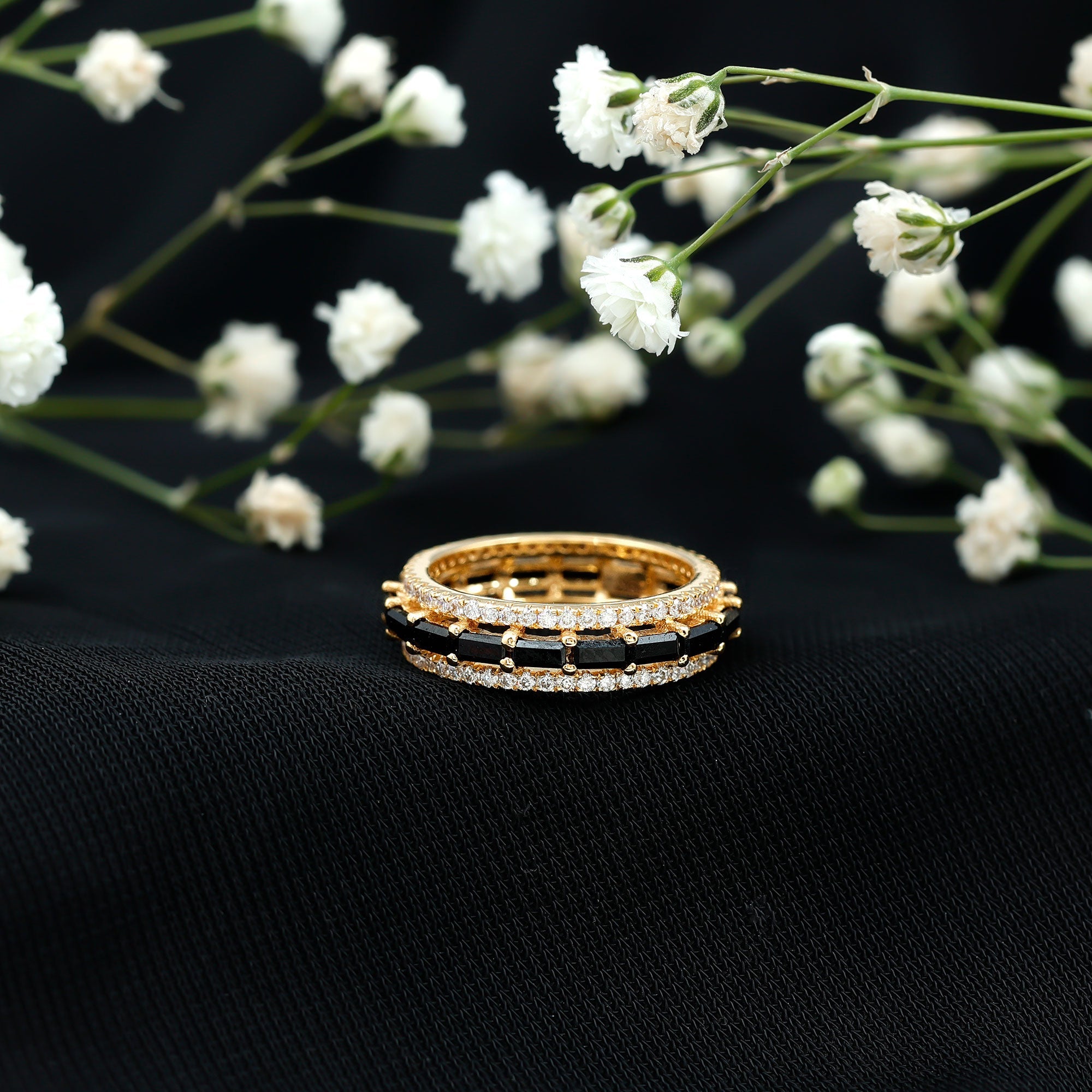 Lab Grown Black Diamond and Moissanite Three Row Wedding Band