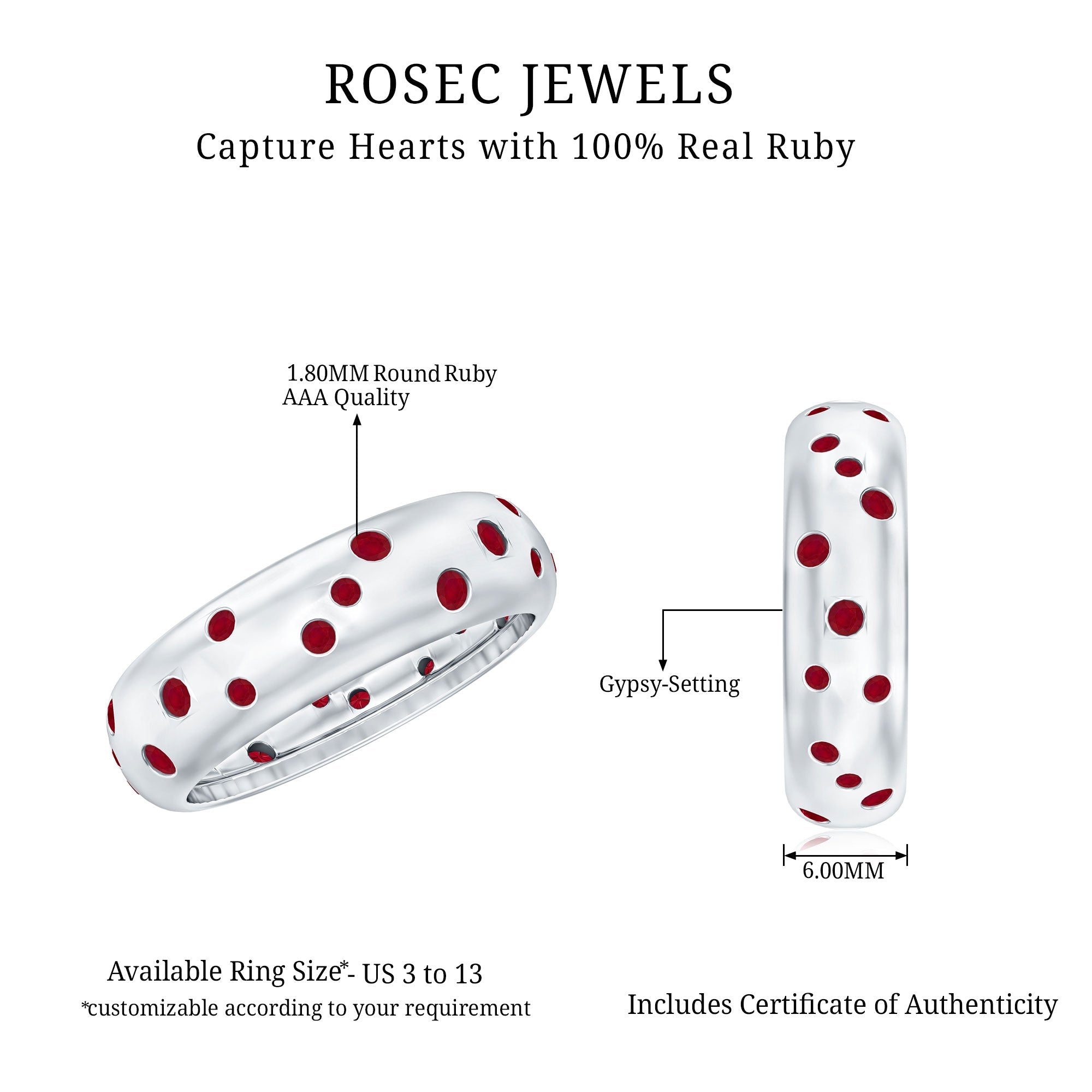 Natural Ruby Wide Wedding Band in Sterling Silver