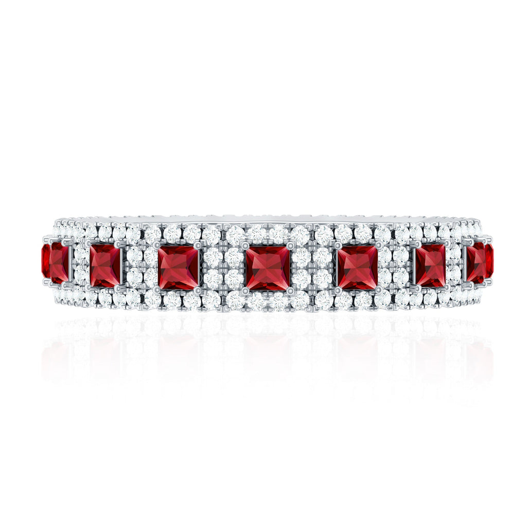 1.75 CT Princess Cut Created Ruby Wedding Band Ring with Diamond Accent