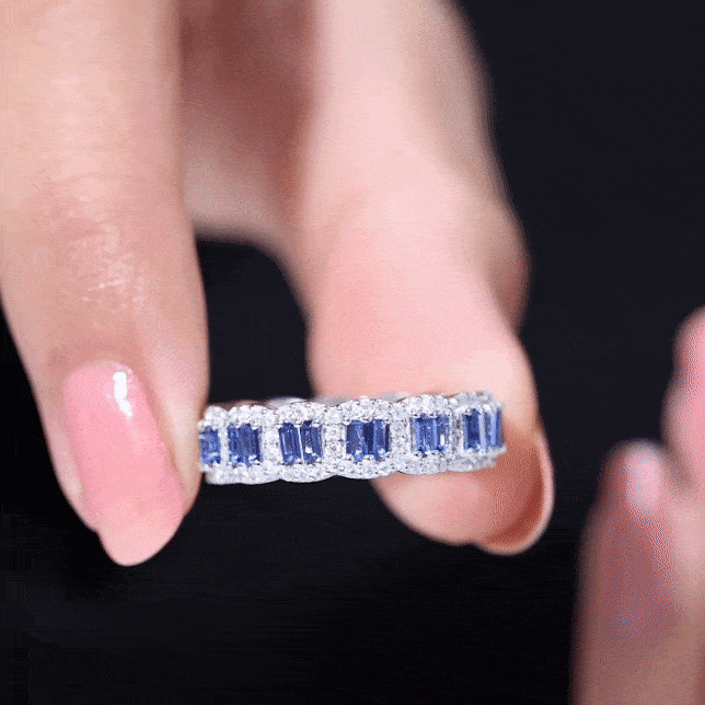 Certified Lab Grown Blue Sapphire Eternity Wedding Band with Moissanite