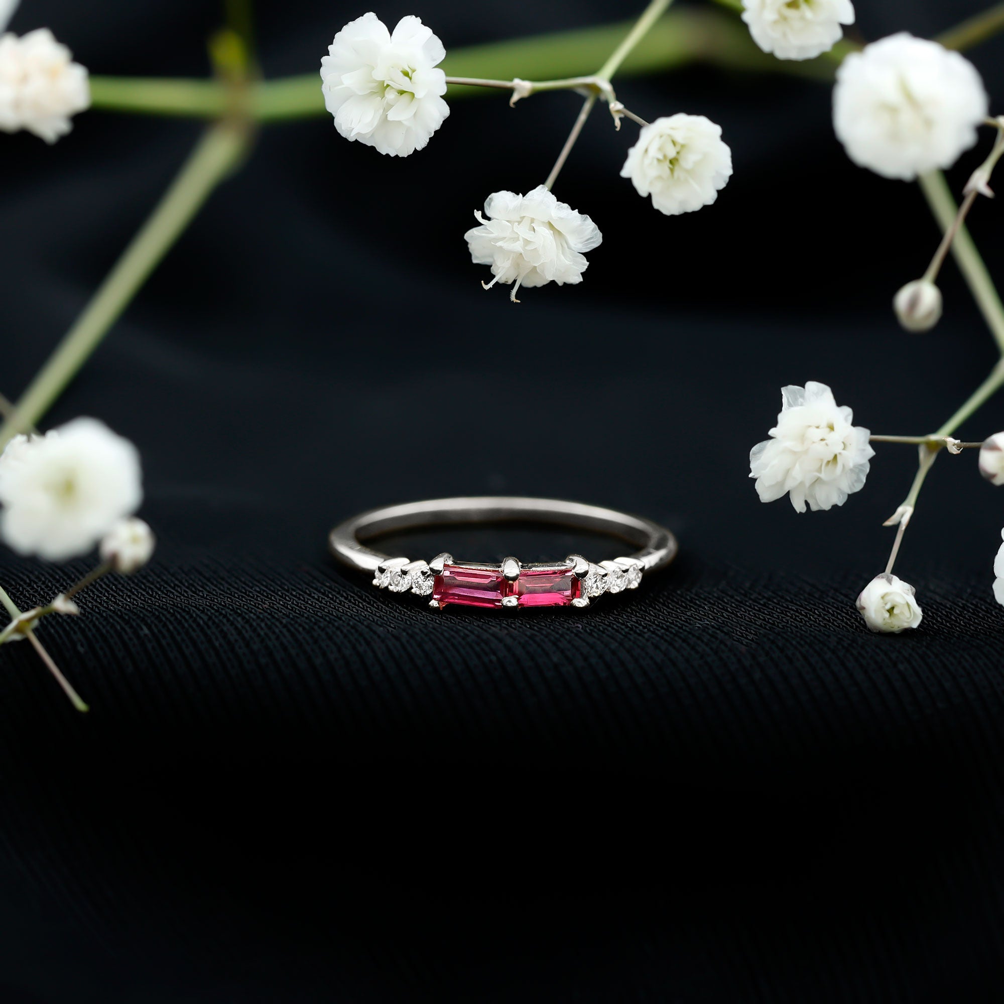 0.50 CT Baguette Shape Ruby Stackable Ring with Diamond
