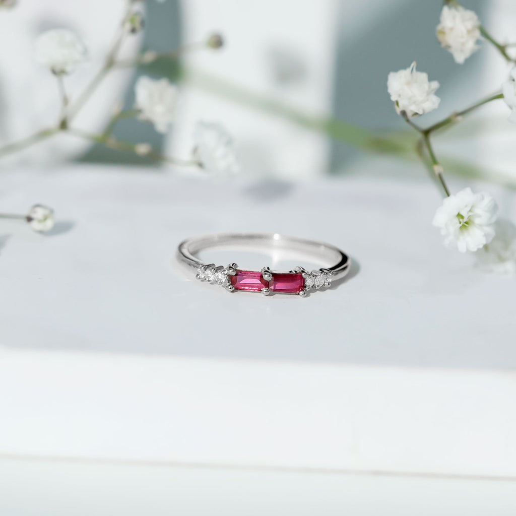 0.50 CT Baguette Shape Ruby Stackable Ring with Diamond