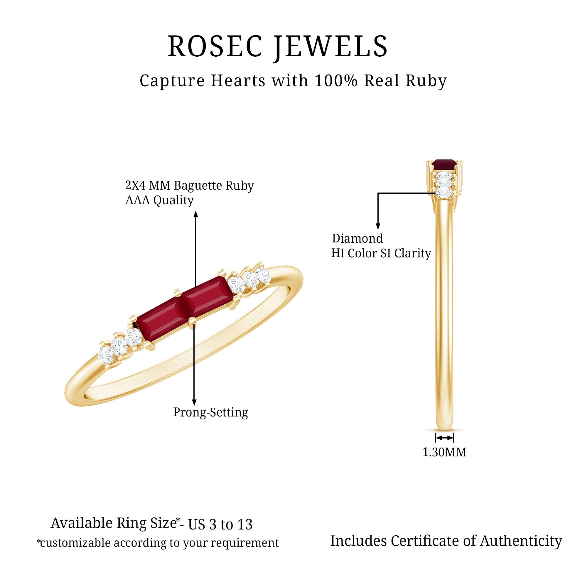 0.50 CT Baguette Shape Ruby Stackable Ring with Diamond