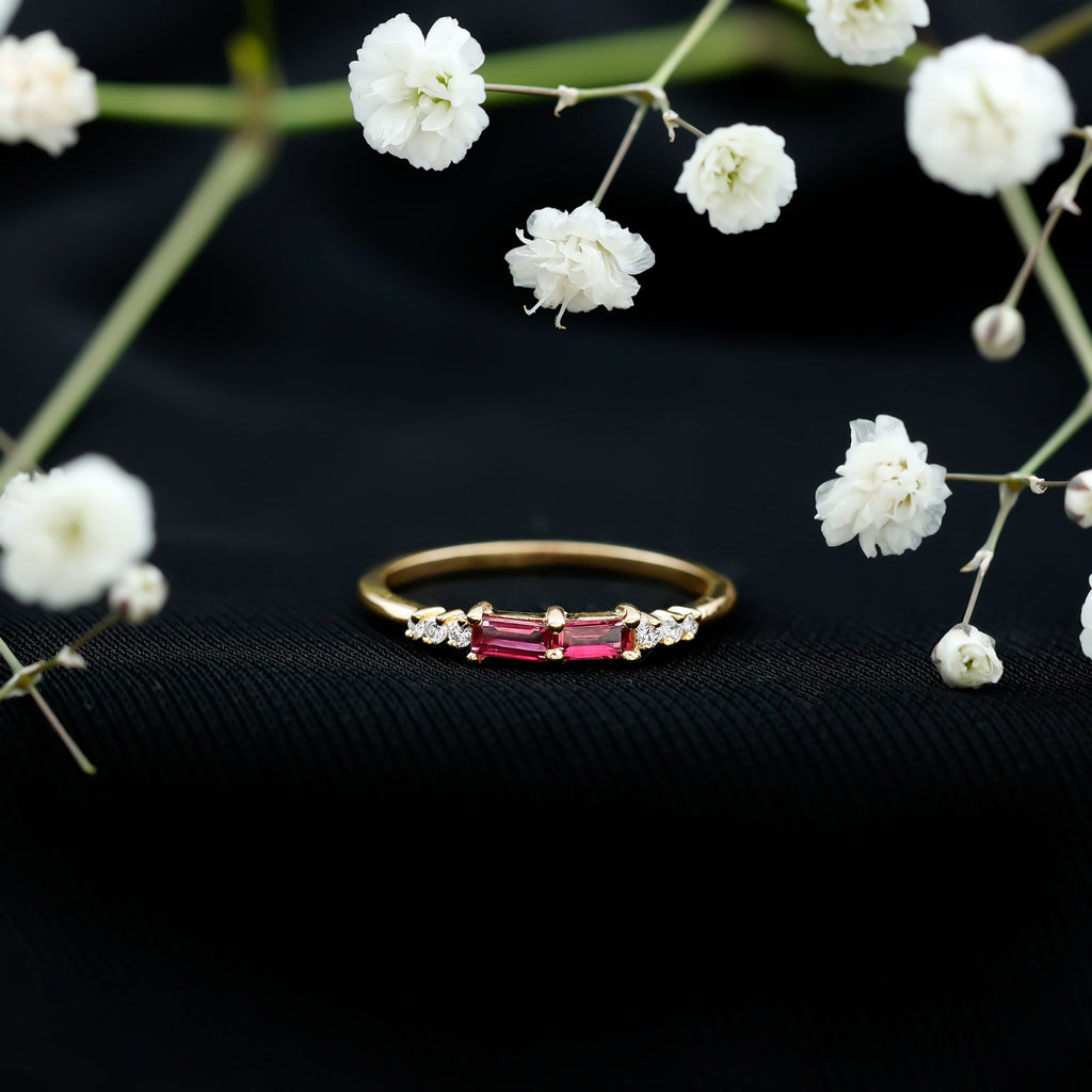 0.50 CT Baguette Shape Ruby Stackable Ring with Diamond