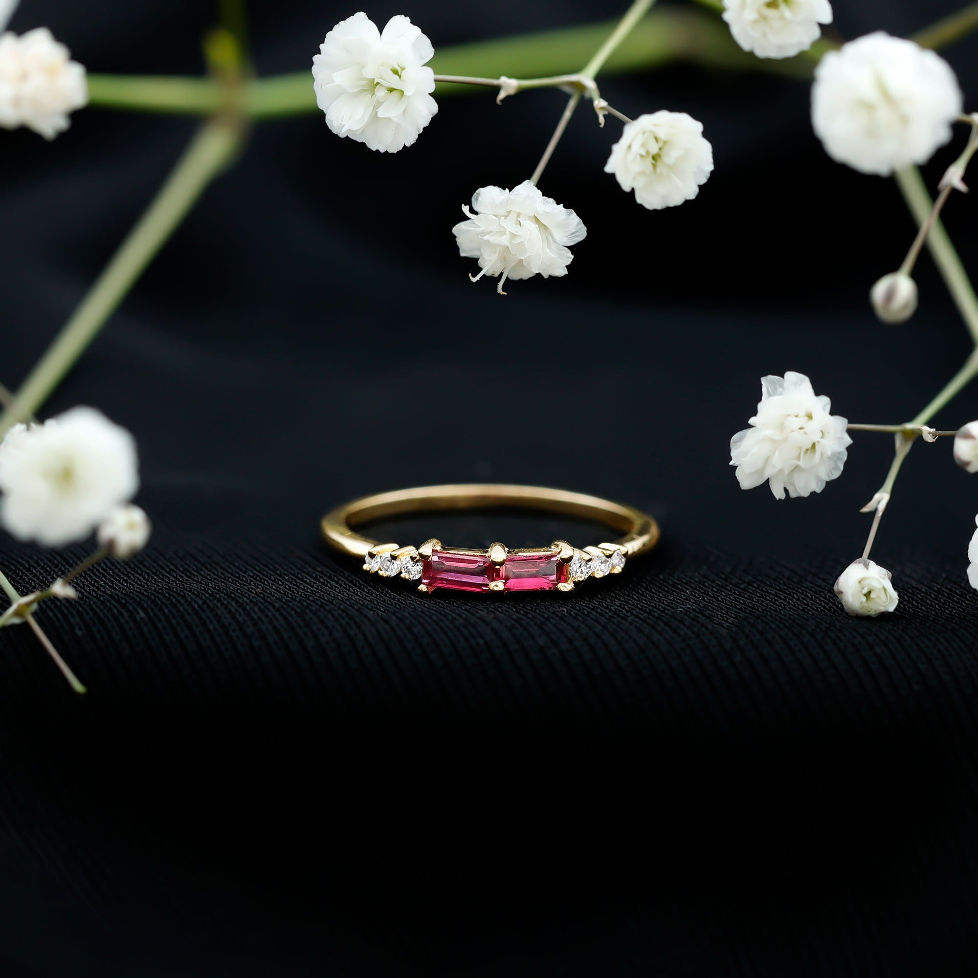 0.50 CT Baguette Shape Ruby Stackable Ring with Diamond