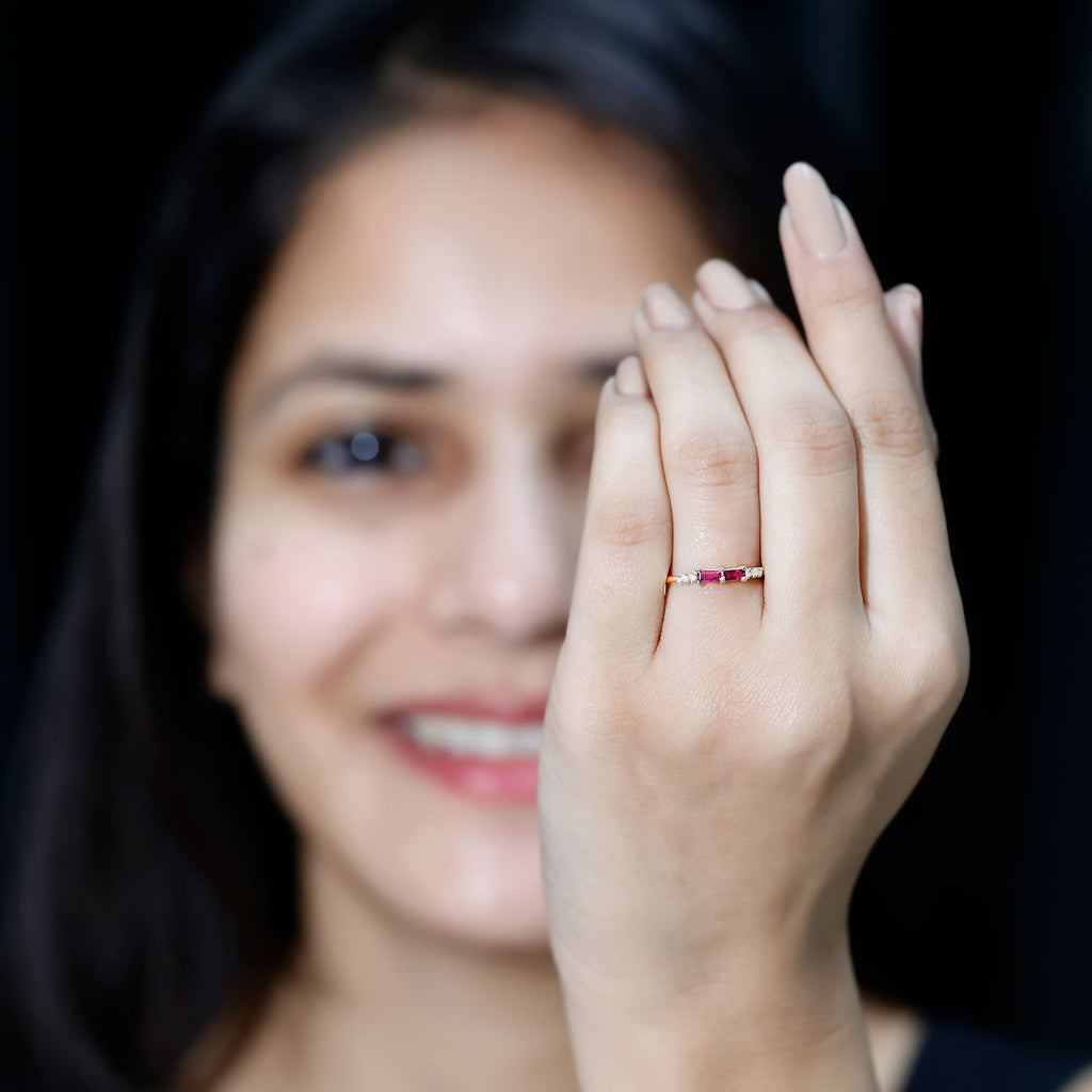 0.50 CT Baguette Shape Ruby Stackable Ring with Diamond