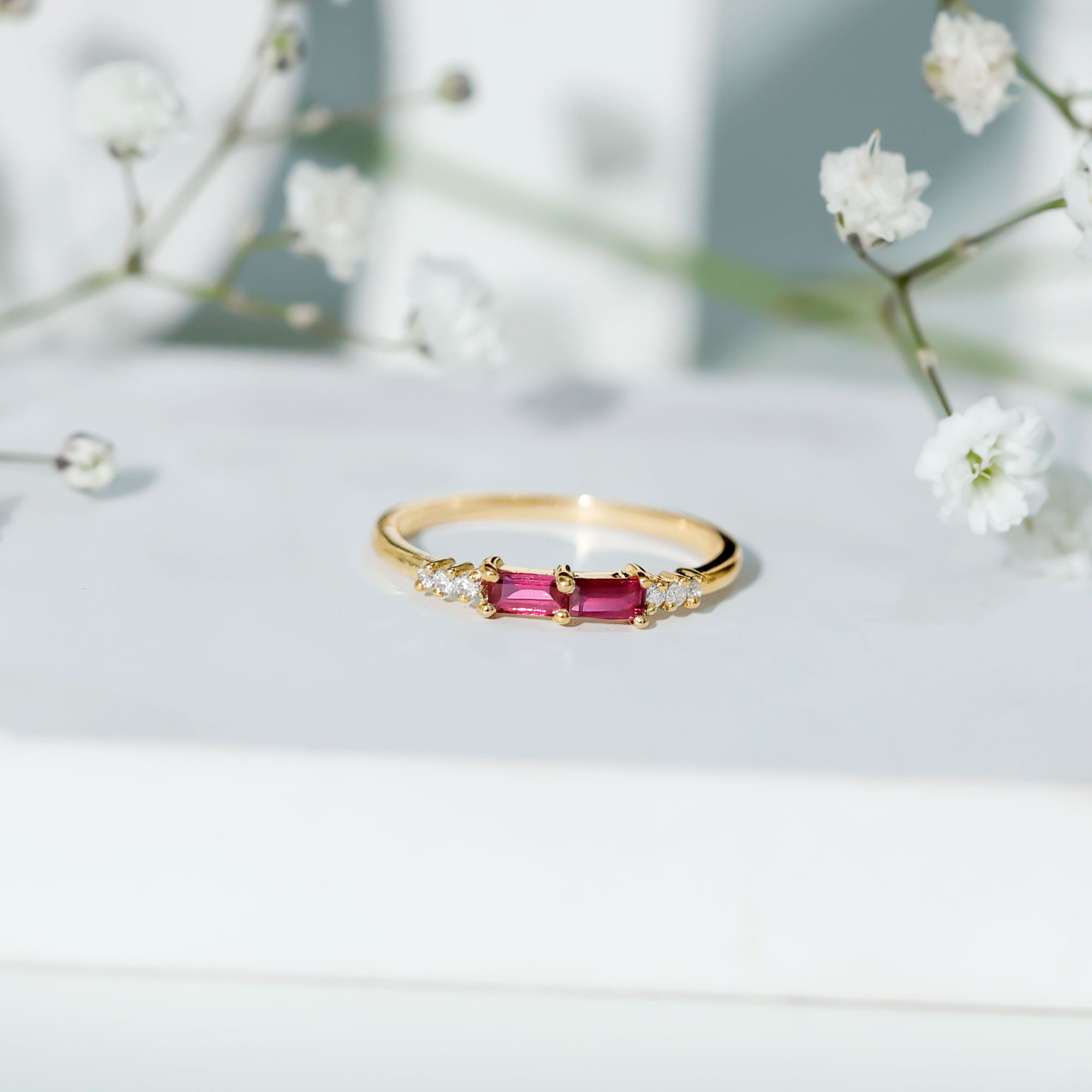 0.50 CT Baguette Shape Ruby Stackable Ring with Diamond