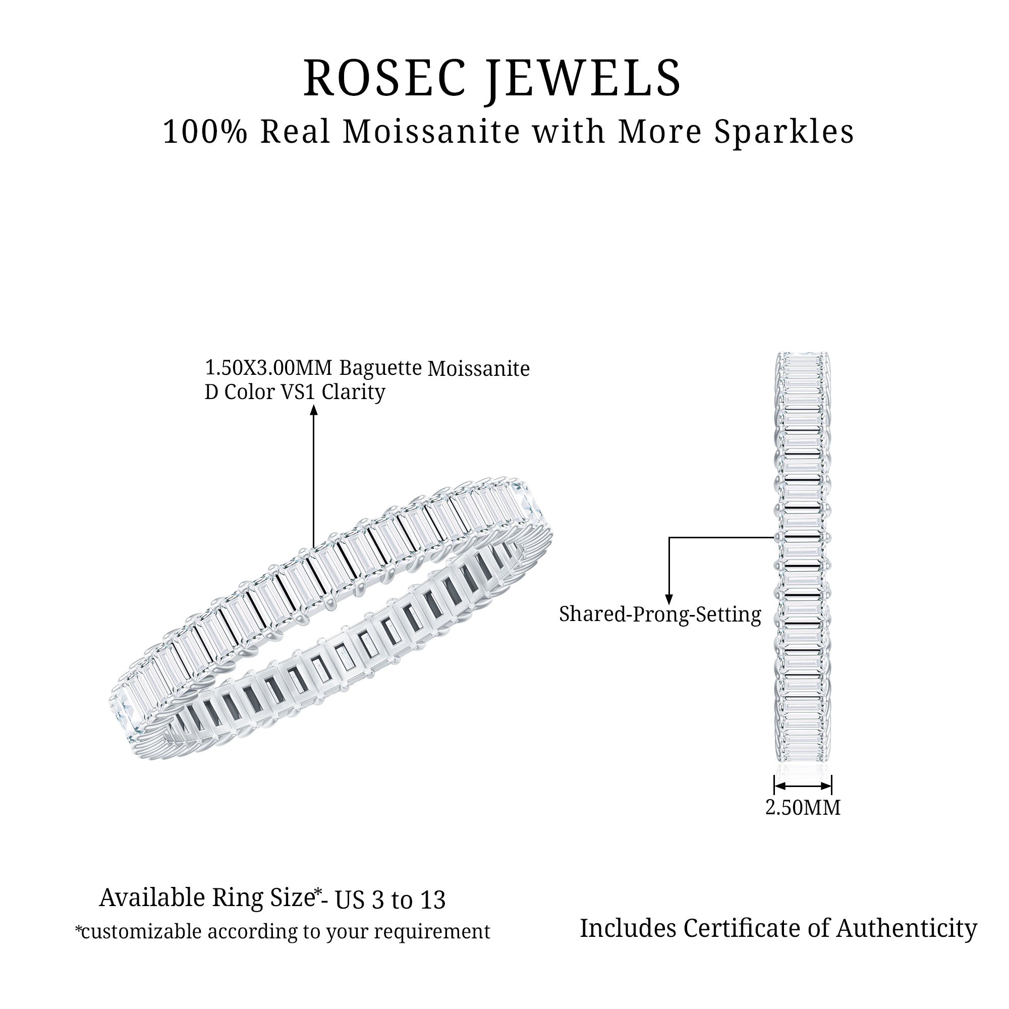 Baguette Cut Moissanite Eternity Ring in Shared Prong Setting