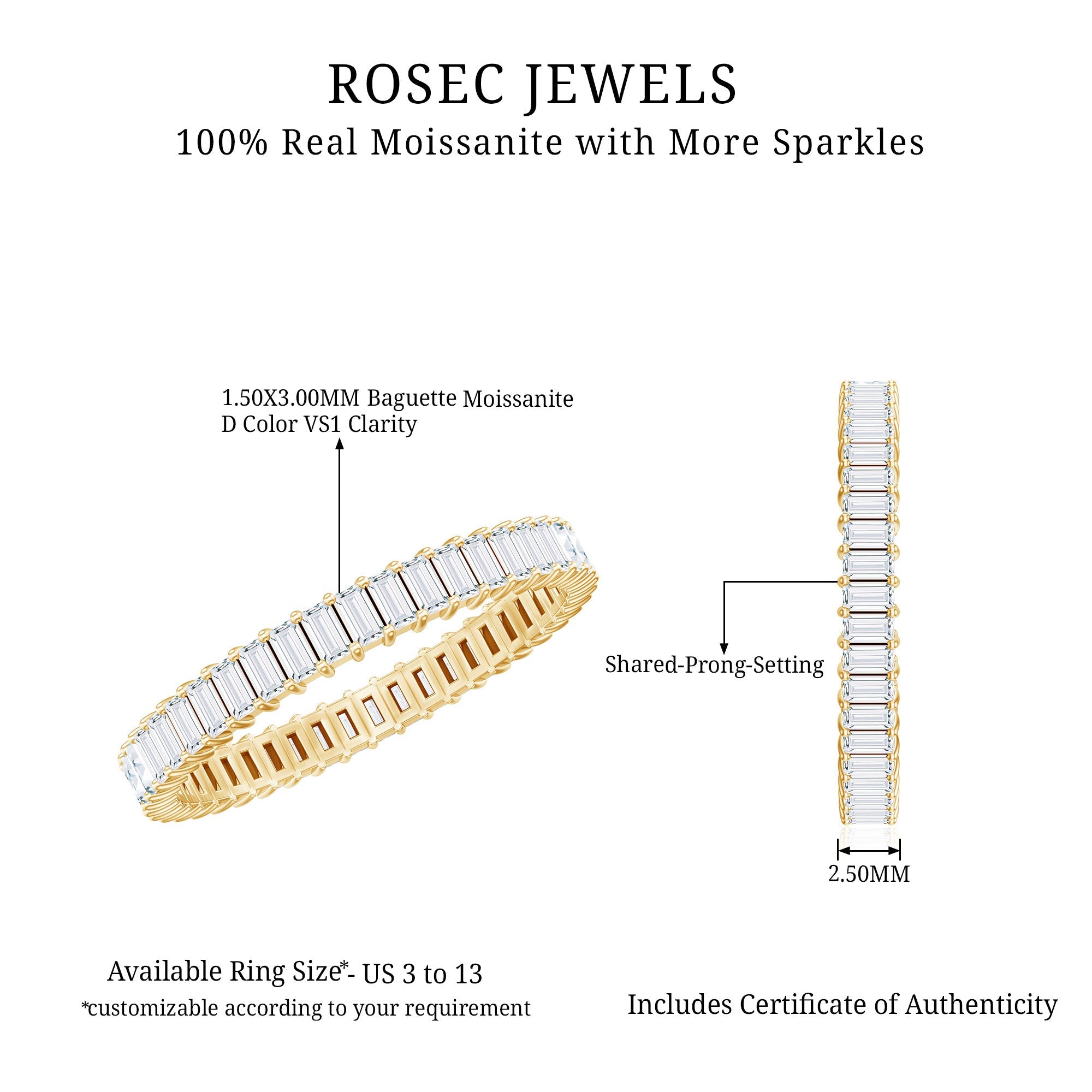 Baguette Cut Moissanite Eternity Ring in Shared Prong Setting