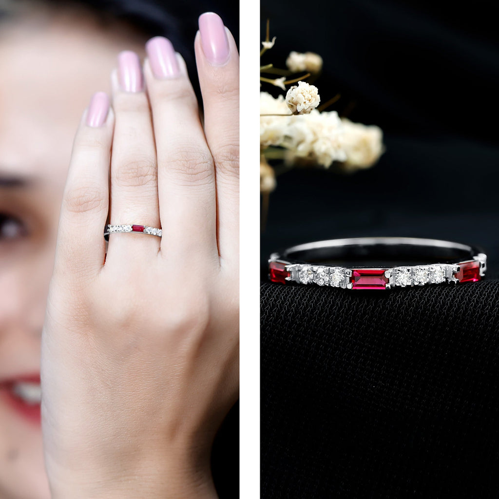3/4 CT Baguette Cut Lab Grown Ruby Stackable Ring with Diamond