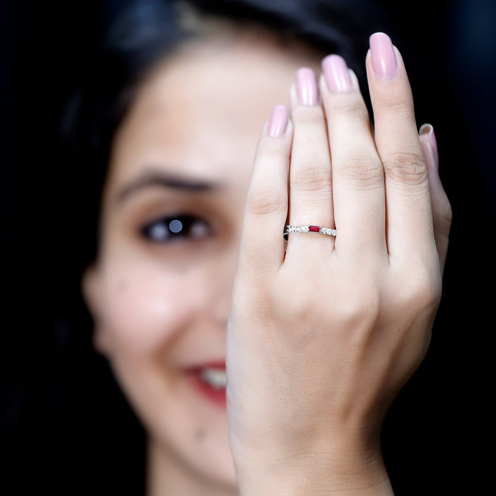 3/4 CT Baguette Cut Lab Grown Ruby Stackable Ring with Diamond