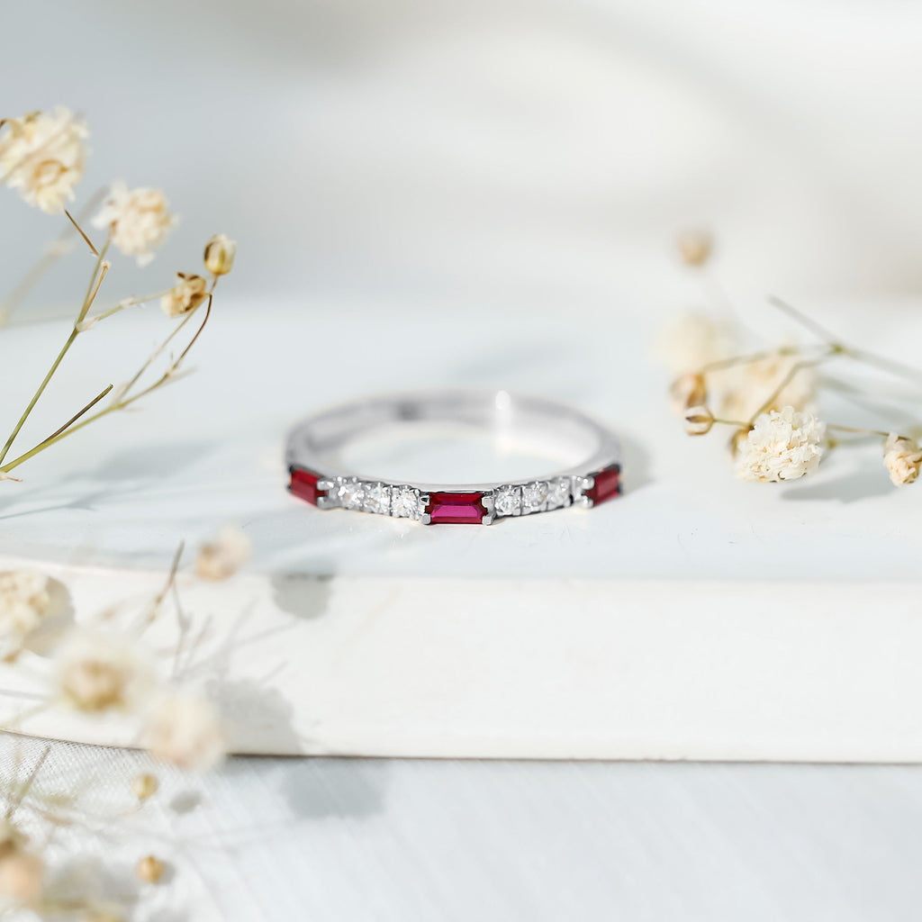 3/4 CT Baguette Cut Lab Grown Ruby Stackable Ring with Diamond