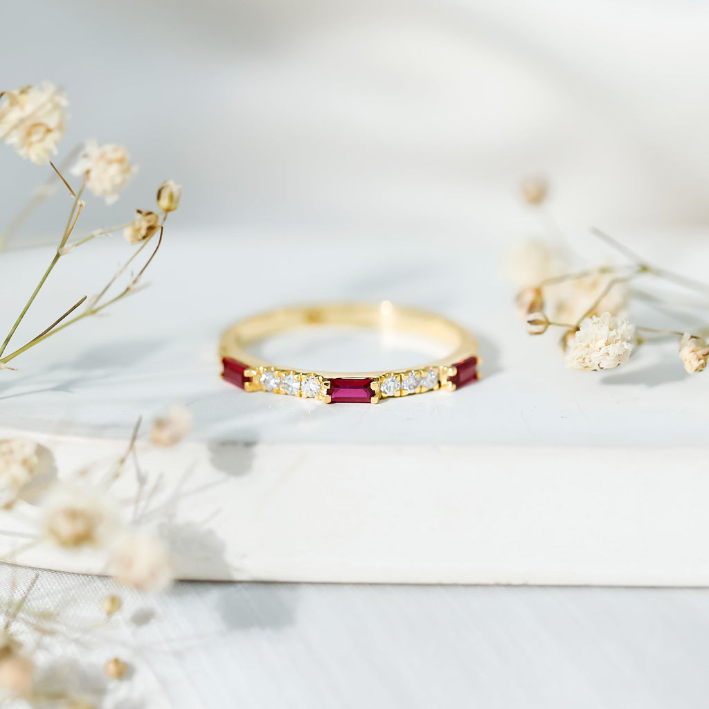 3/4 CT Baguette Cut Lab Grown Ruby Stackable Ring with Diamond