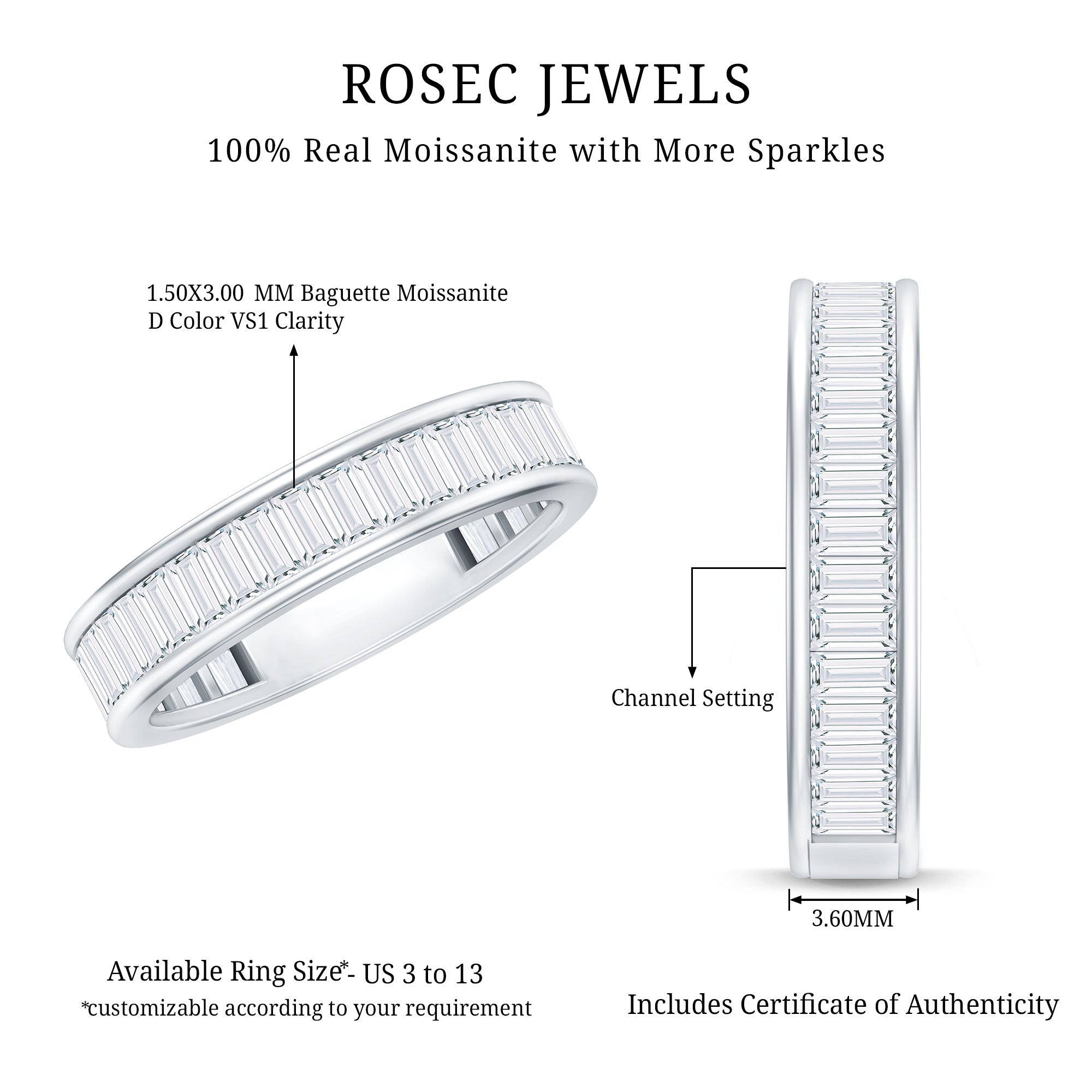 Baguette Cut Moissanite Wedding Band in Channel Setting