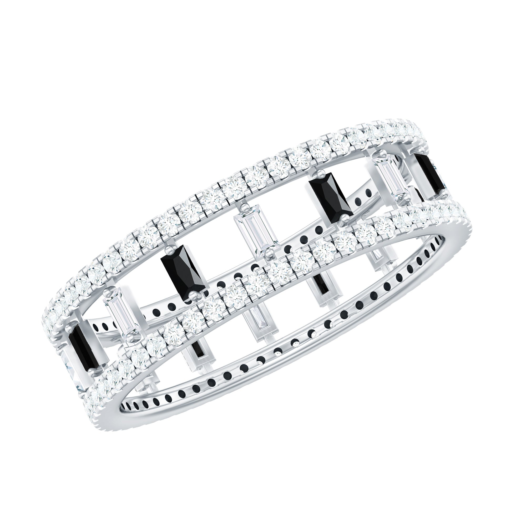Baguette Cut Black Spinel and Moissanite Wedding Band
