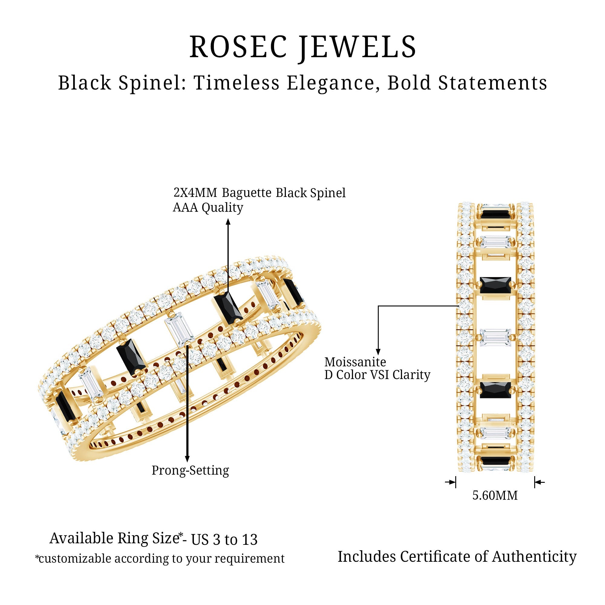 Baguette Cut Black Spinel and Moissanite Wedding Band