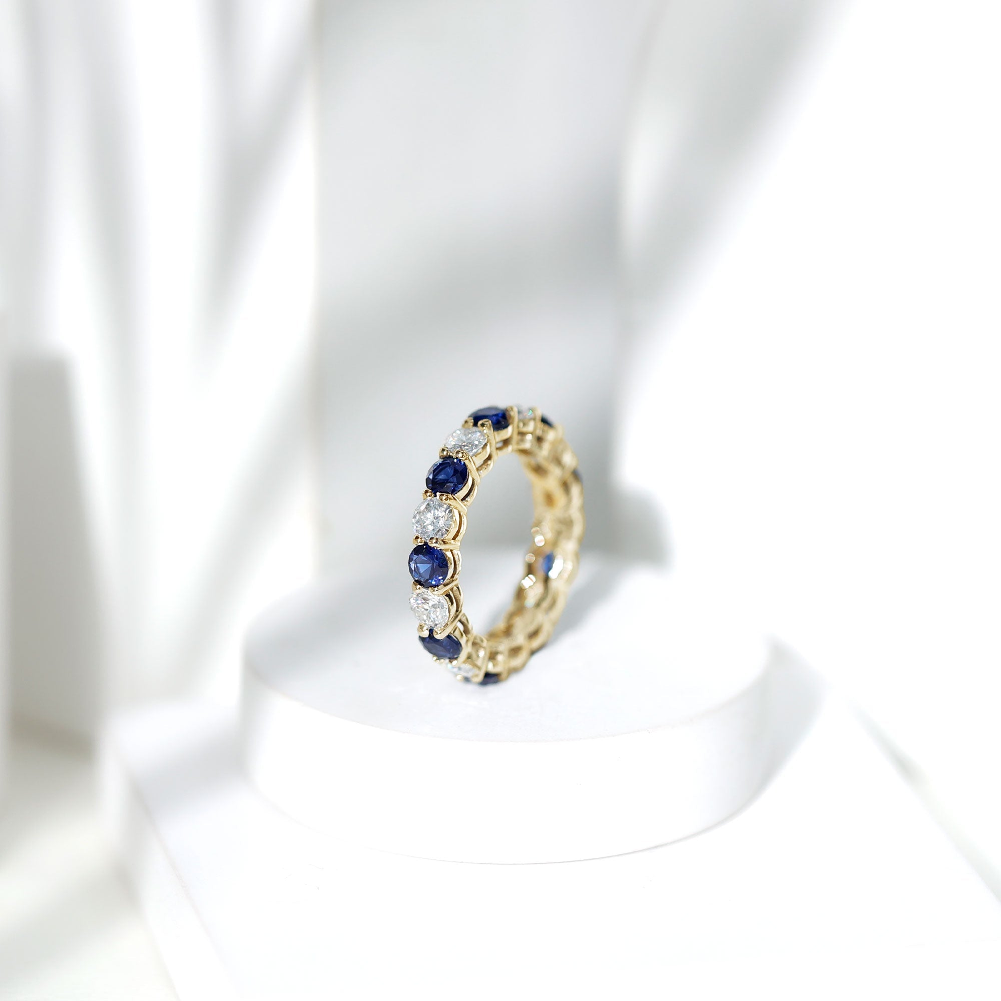 Certified Lab Blue Sapphire and Moissanite Round Eternity Band Ring