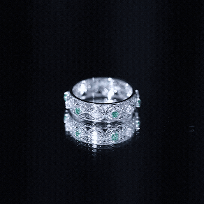 Lab Emerald and Moissanite Vintage Wedding Band Ring