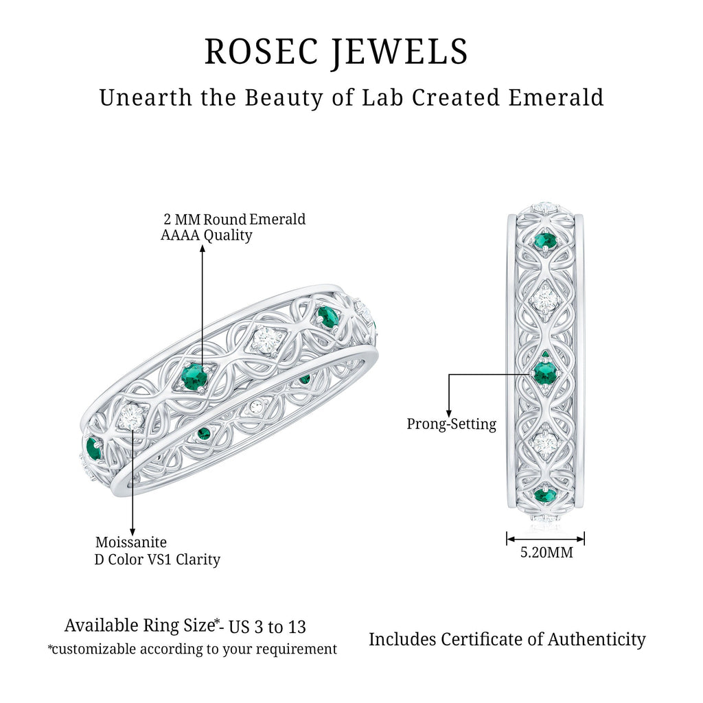 Lab Emerald and Moissanite Vintage Wedding Band Ring