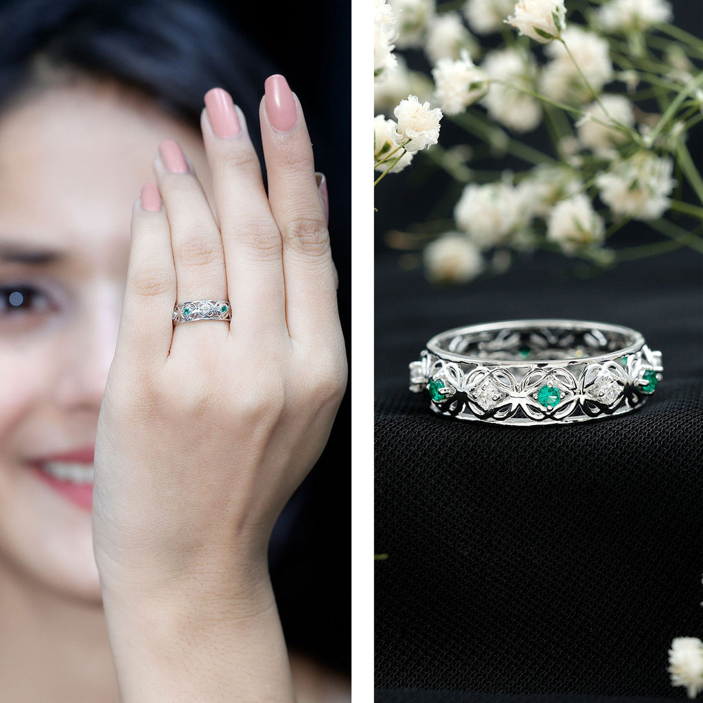 Lab Emerald and Moissanite Vintage Wedding Band Ring