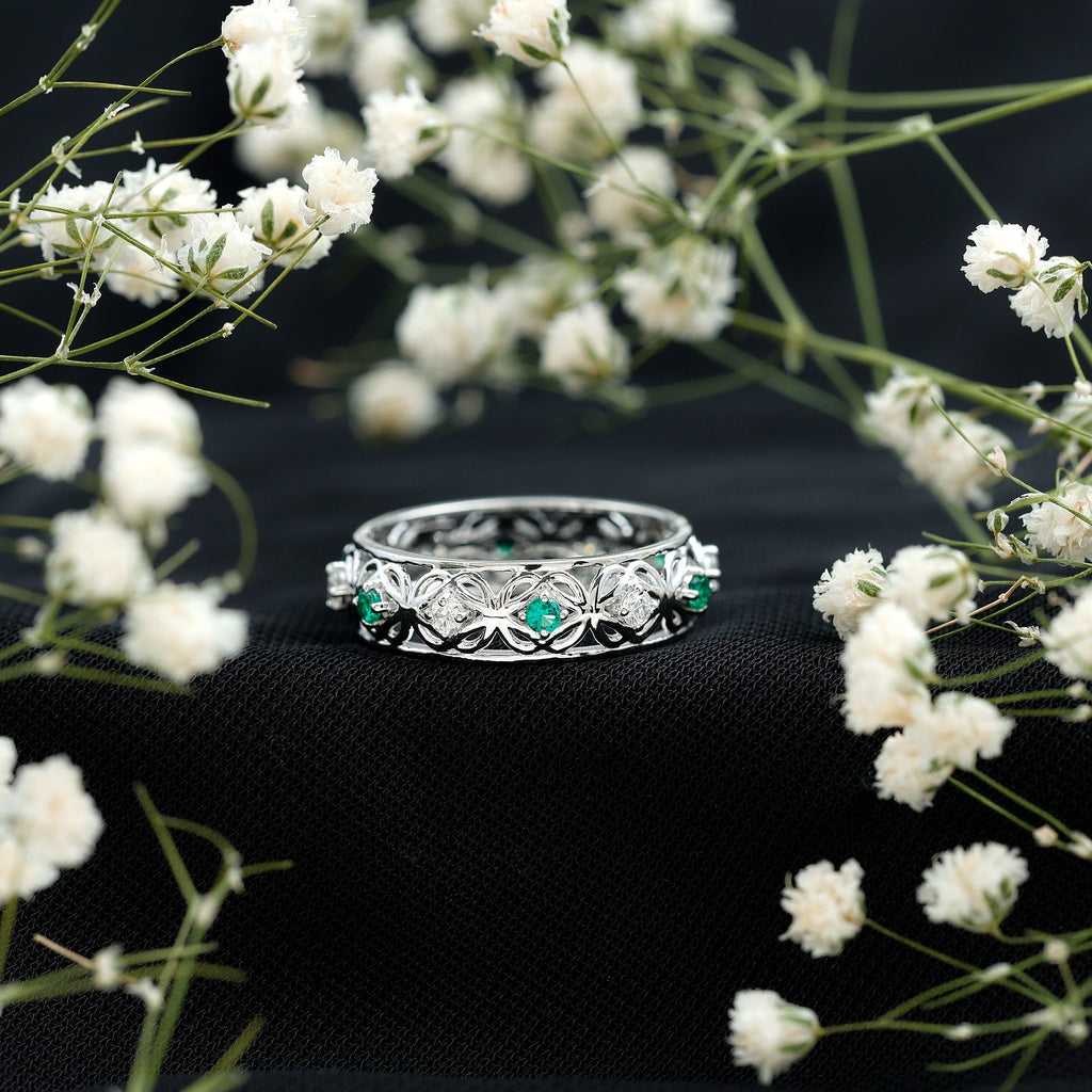 Lab Emerald and Moissanite Vintage Wedding Band Ring