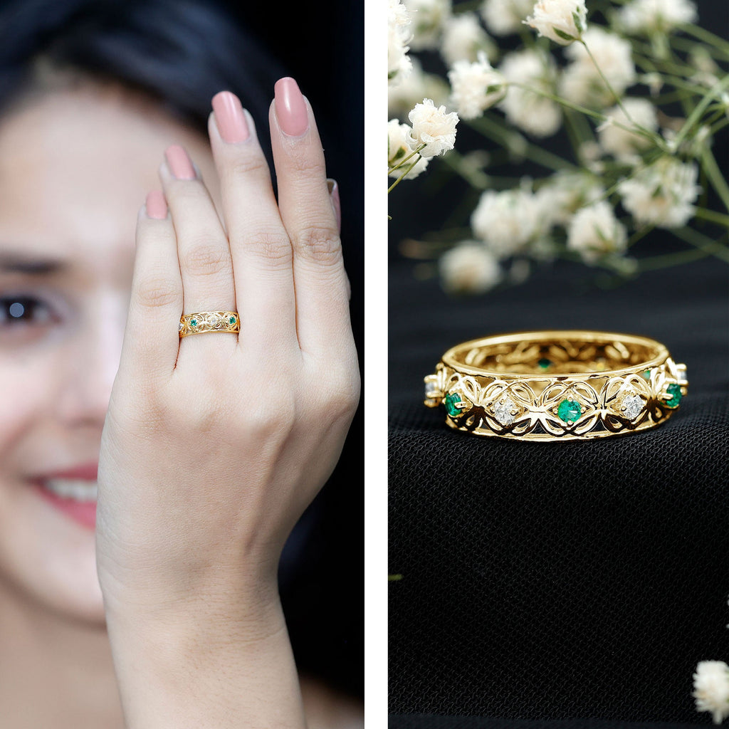 Lab Emerald and Moissanite Vintage Wedding Band Ring