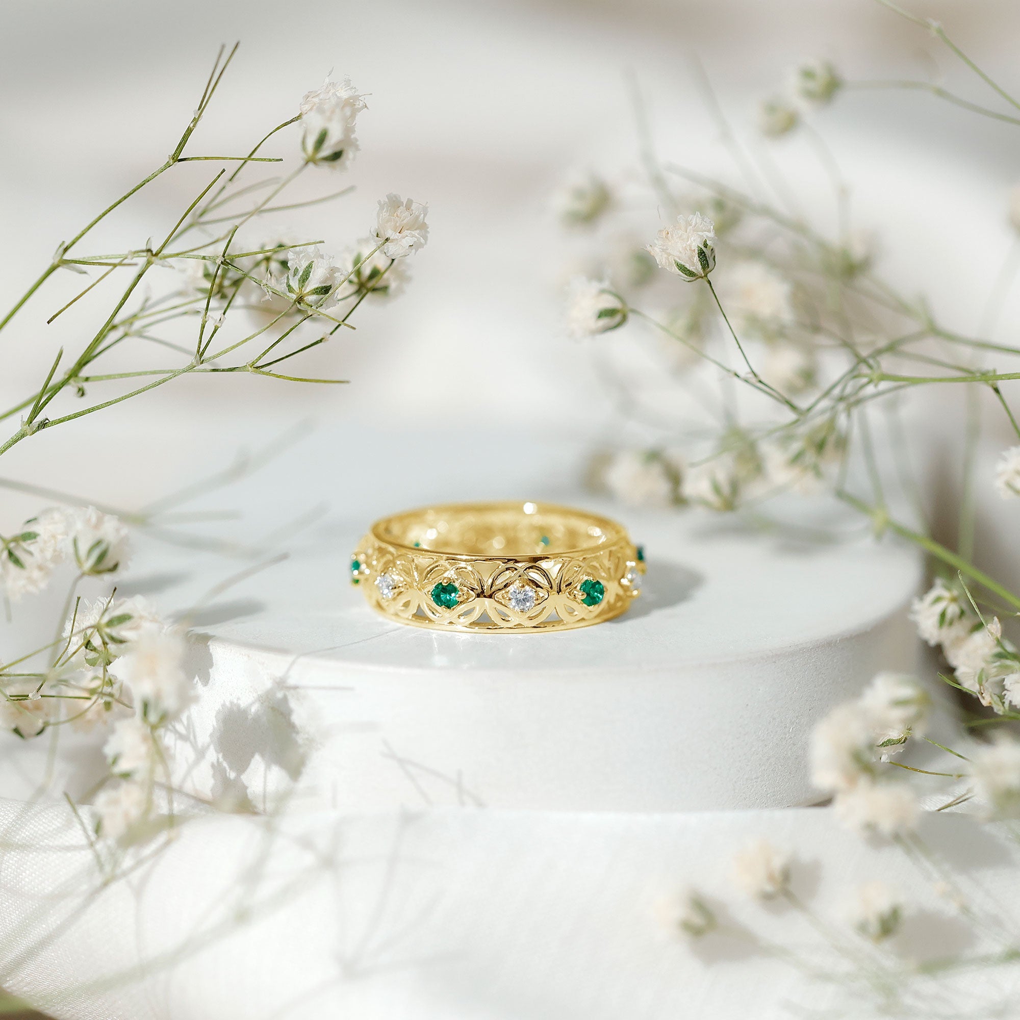 Lab Emerald and Moissanite Vintage Wedding Band Ring