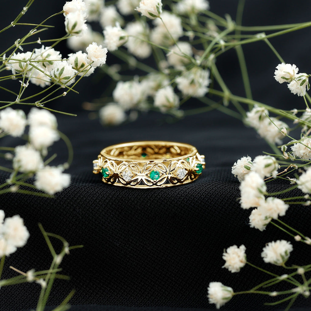 Lab Emerald and Moissanite Vintage Wedding Band Ring