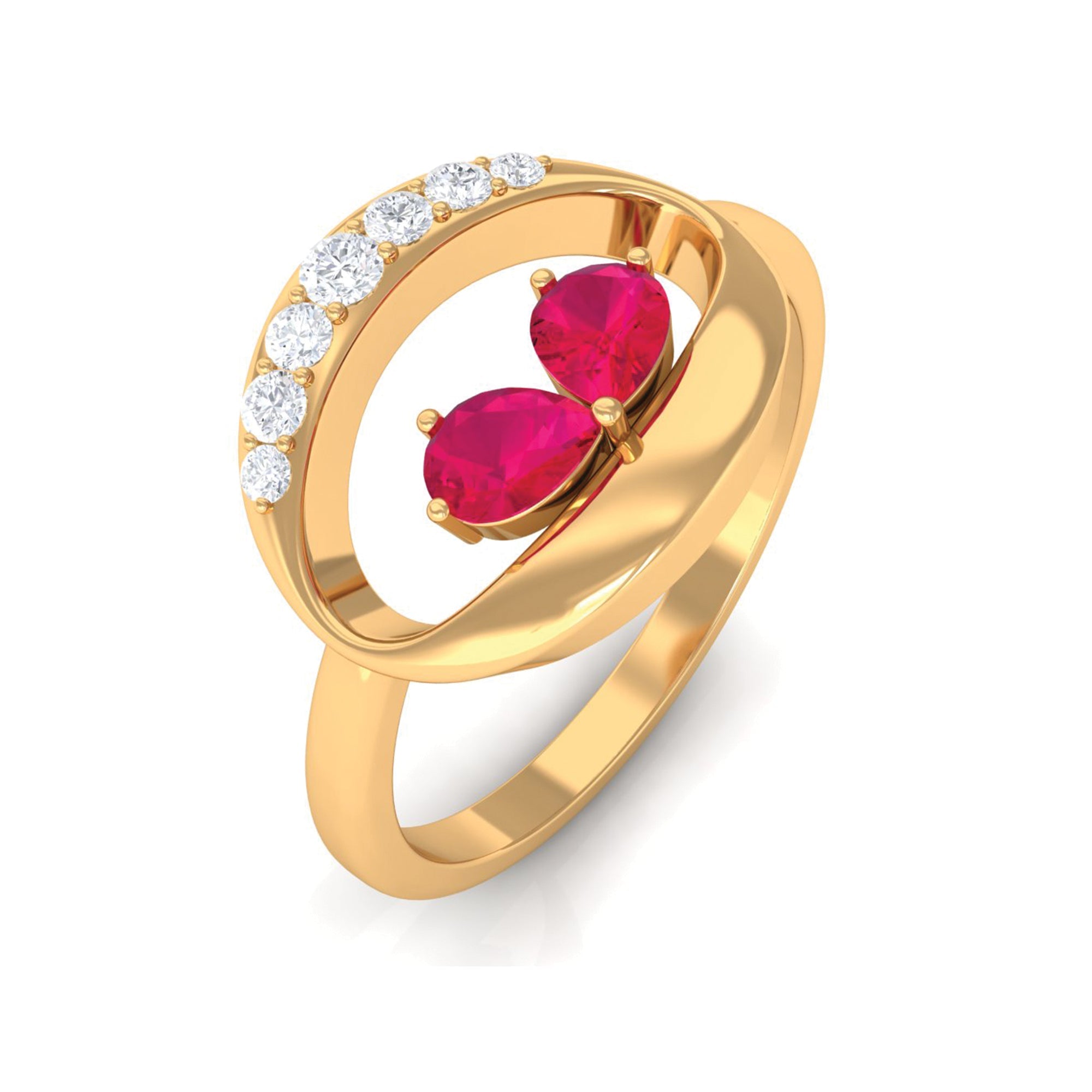 Pear Cut Ruby Toi et Moi Contemporary Ring with Diamond