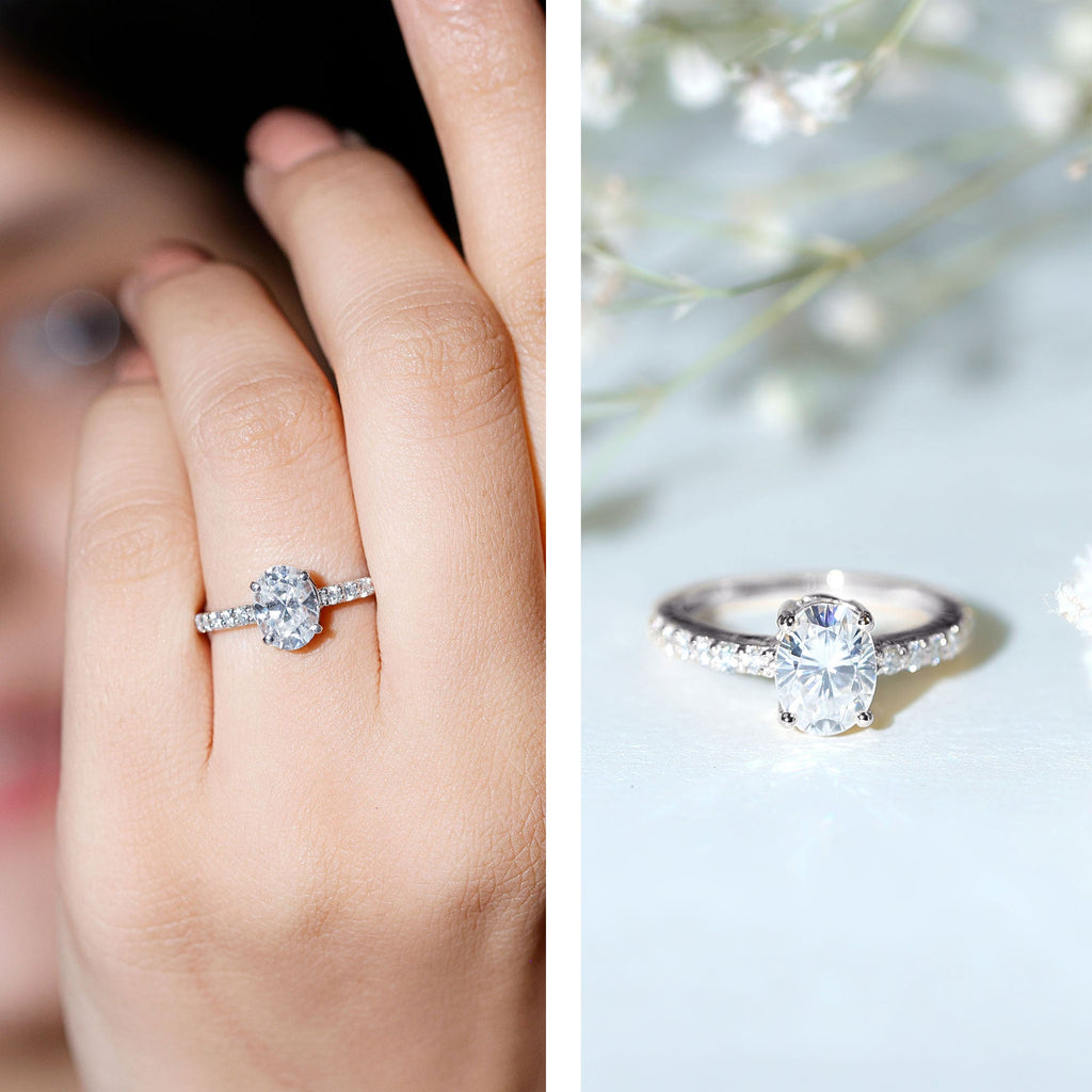 Certified 6X8 MM Moissanite Oval Engagement Ring With Side Stones