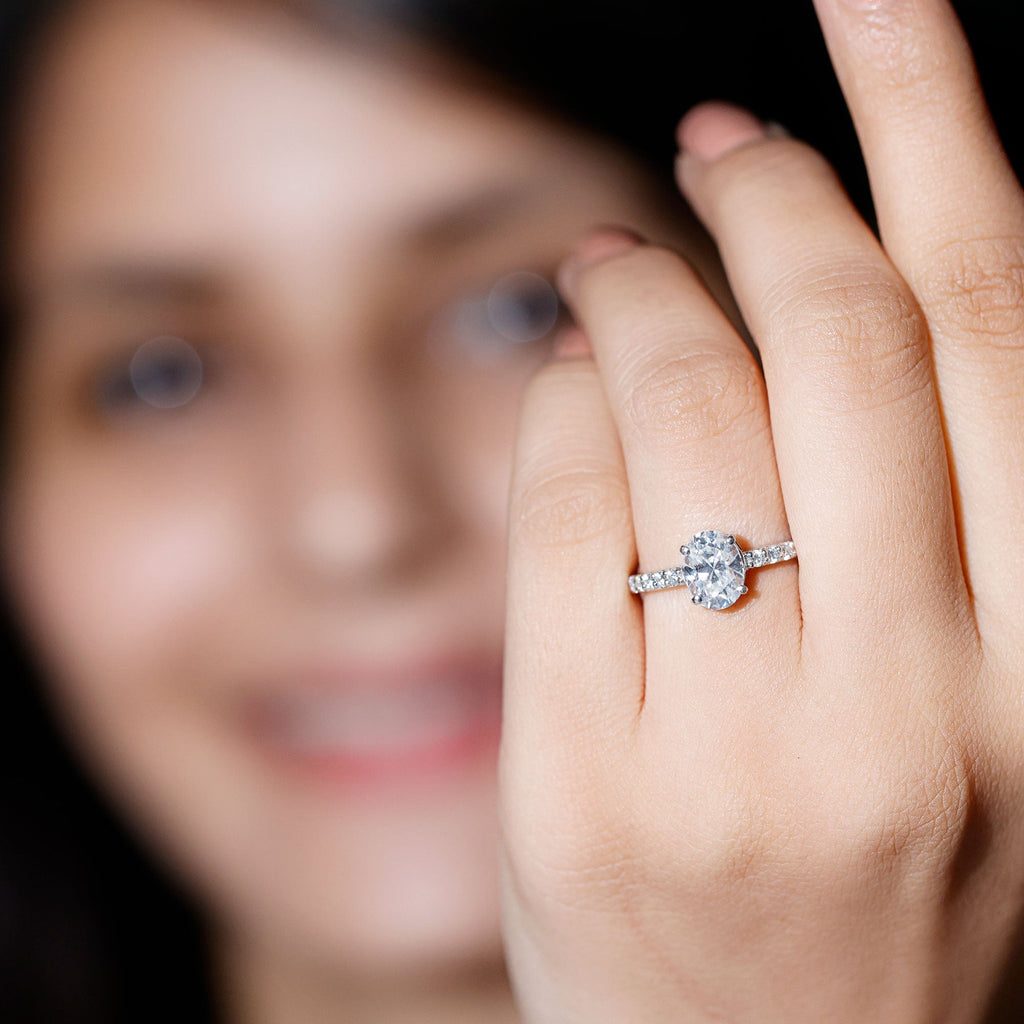 Certified 6X8 MM Moissanite Oval Engagement Ring With Side Stones