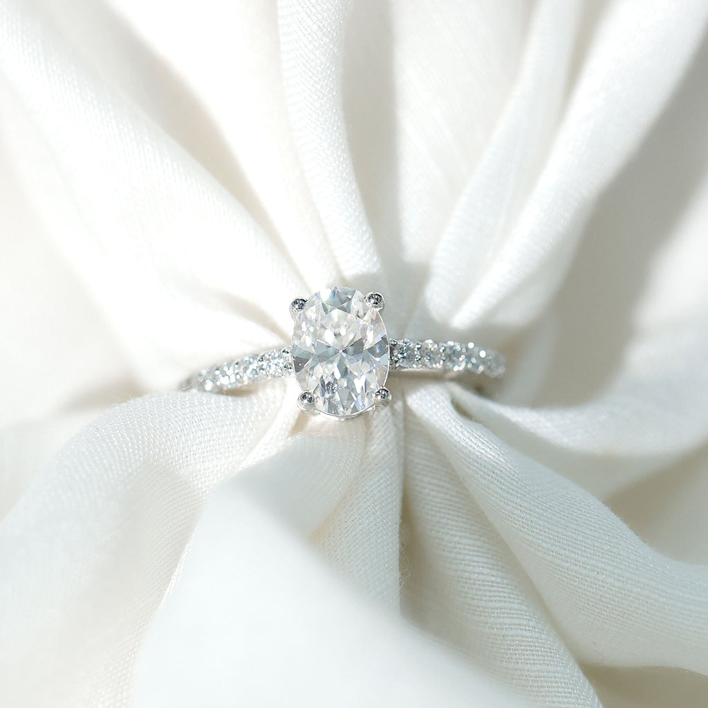 Certified 6X8 MM Moissanite Oval Engagement Ring With Side Stones
