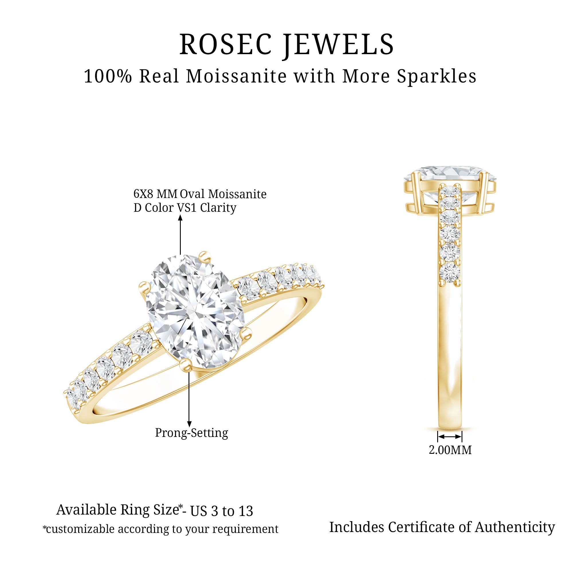 Certified 6X8 MM Moissanite Oval Engagement Ring With Side Stones