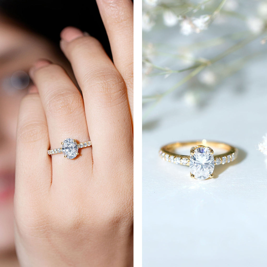 Certified 6X8 MM Moissanite Oval Engagement Ring With Side Stones