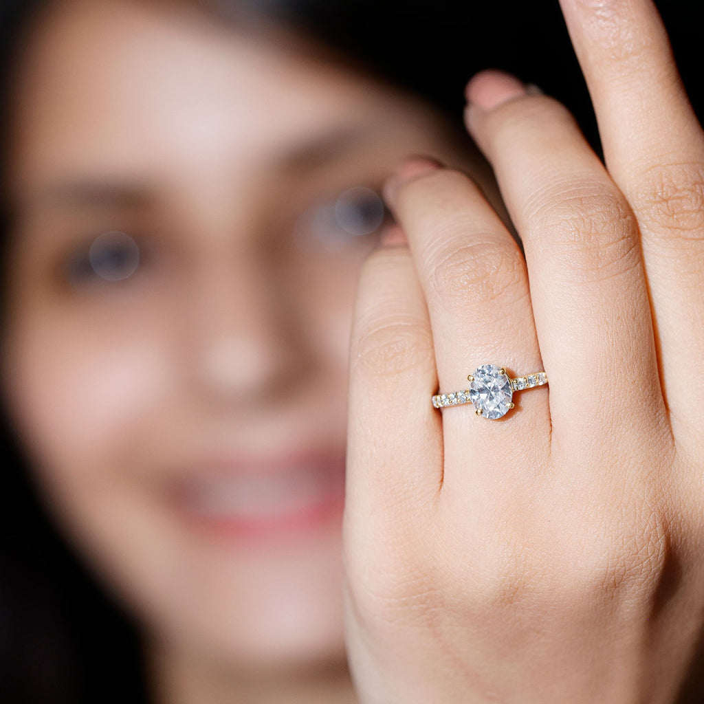 Certified 6X8 MM Moissanite Oval Engagement Ring With Side Stones