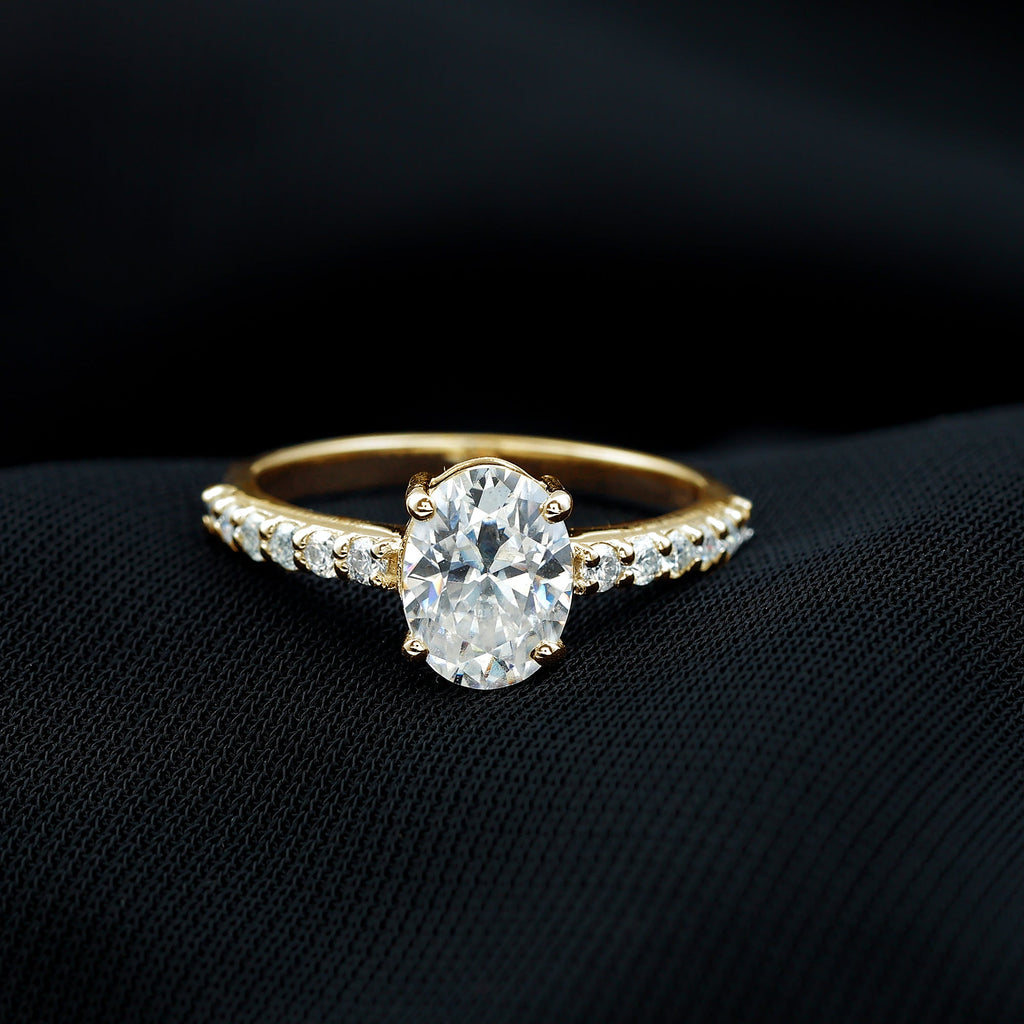 Certified 6X8 MM Moissanite Oval Engagement Ring With Side Stones