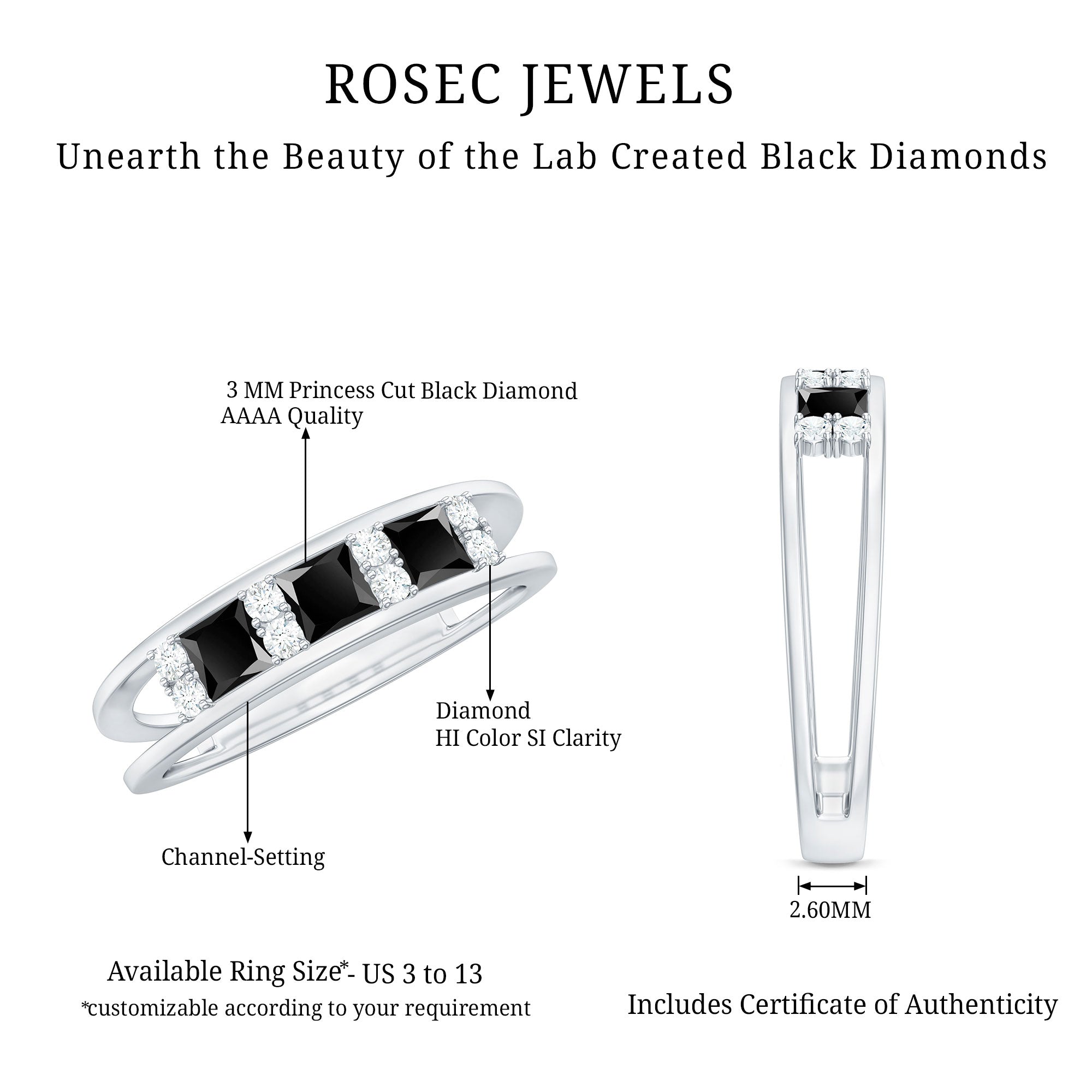 Princess Cut Lab Created Black Diamond Band Ring with Diamond