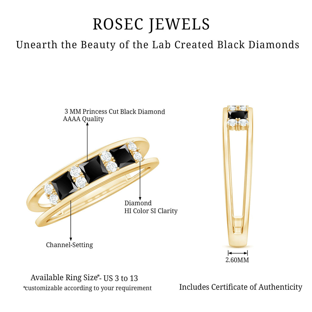 Princess Cut Lab Created Black Diamond Band Ring with Diamond