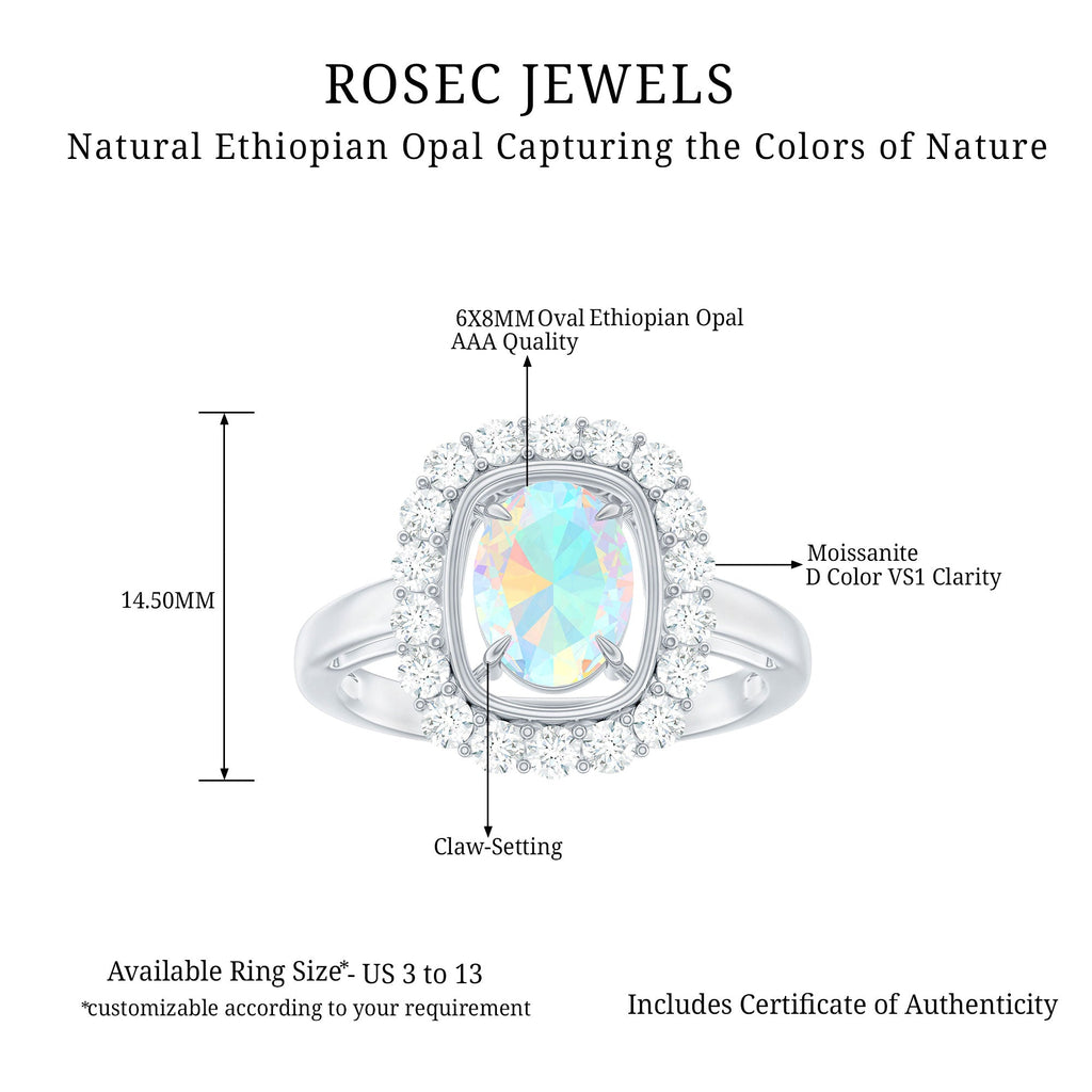 6x8mm Oval Cut Ethiopian Opal Halo Engagement Ring with Moissanite