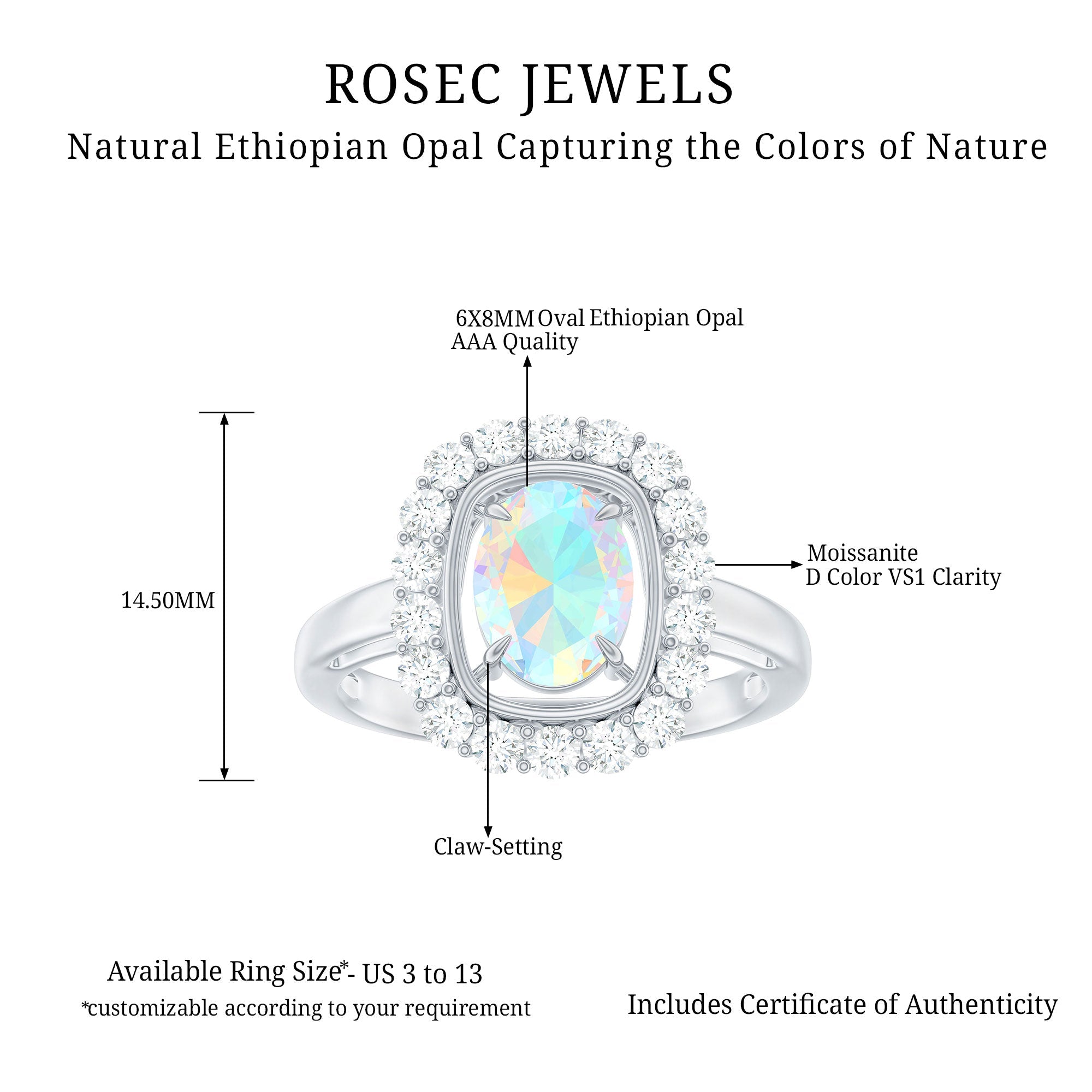 6x8mm Oval Cut Ethiopian Opal Halo Engagement Ring with Moissanite