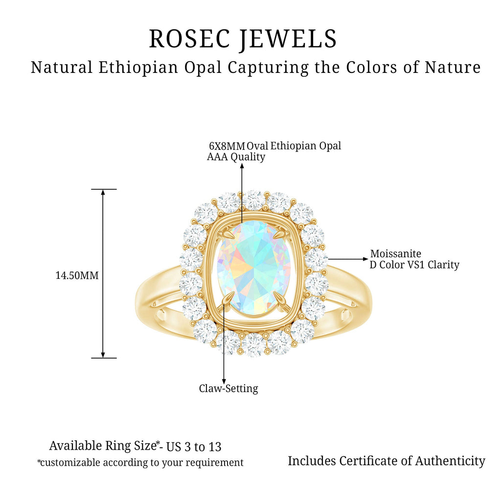 6x8mm Oval Cut Ethiopian Opal Halo Engagement Ring with Moissanite