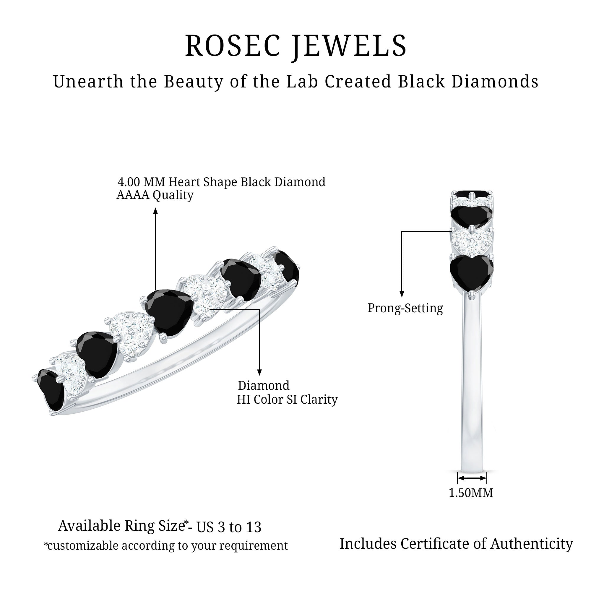 3/4 CT Created Black Diamond Heart Half Eternity Ring with Diamond