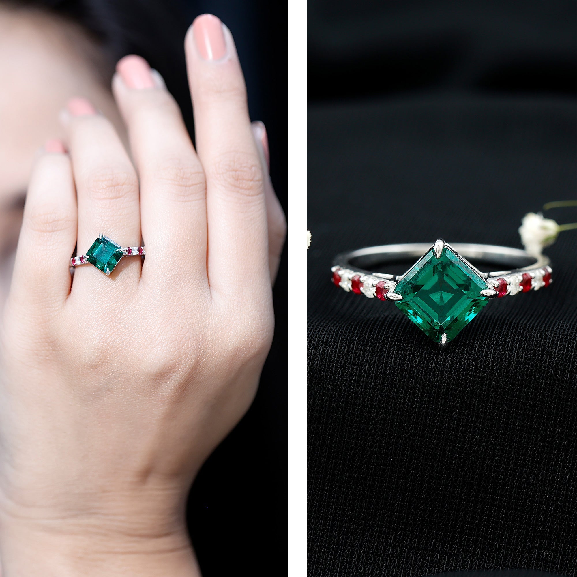 Lab Created Emerald Engagement Ring with Lab Created Ruby and Moissanite