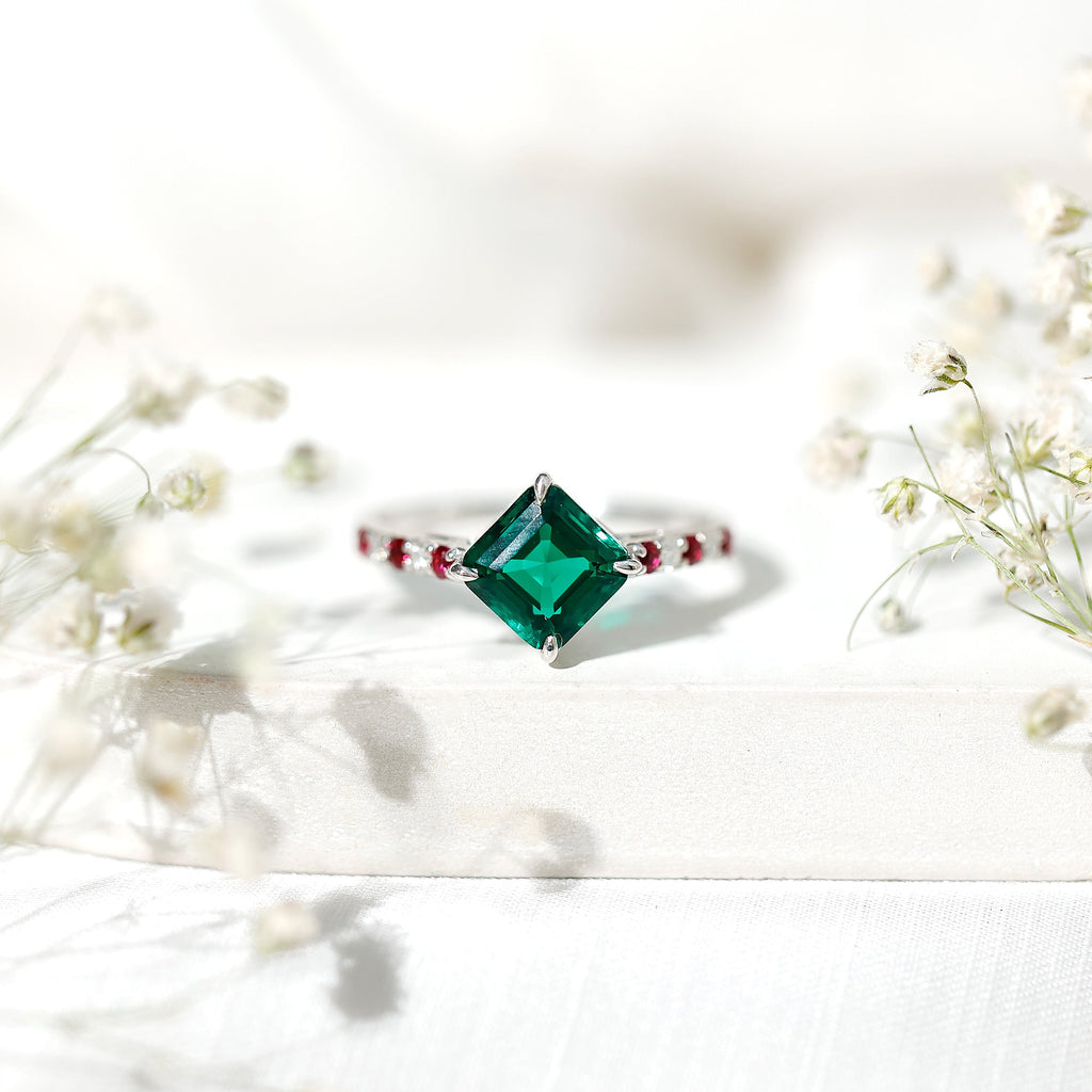 Lab Created Emerald Engagement Ring with Lab Created Ruby and Moissanite