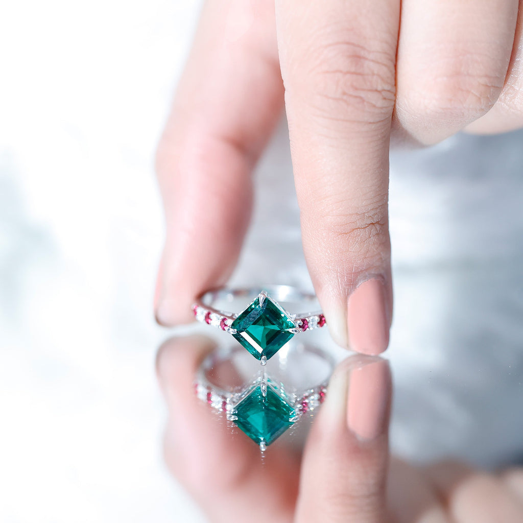 Lab Created Emerald Engagement Ring with Lab Created Ruby and Moissanite
