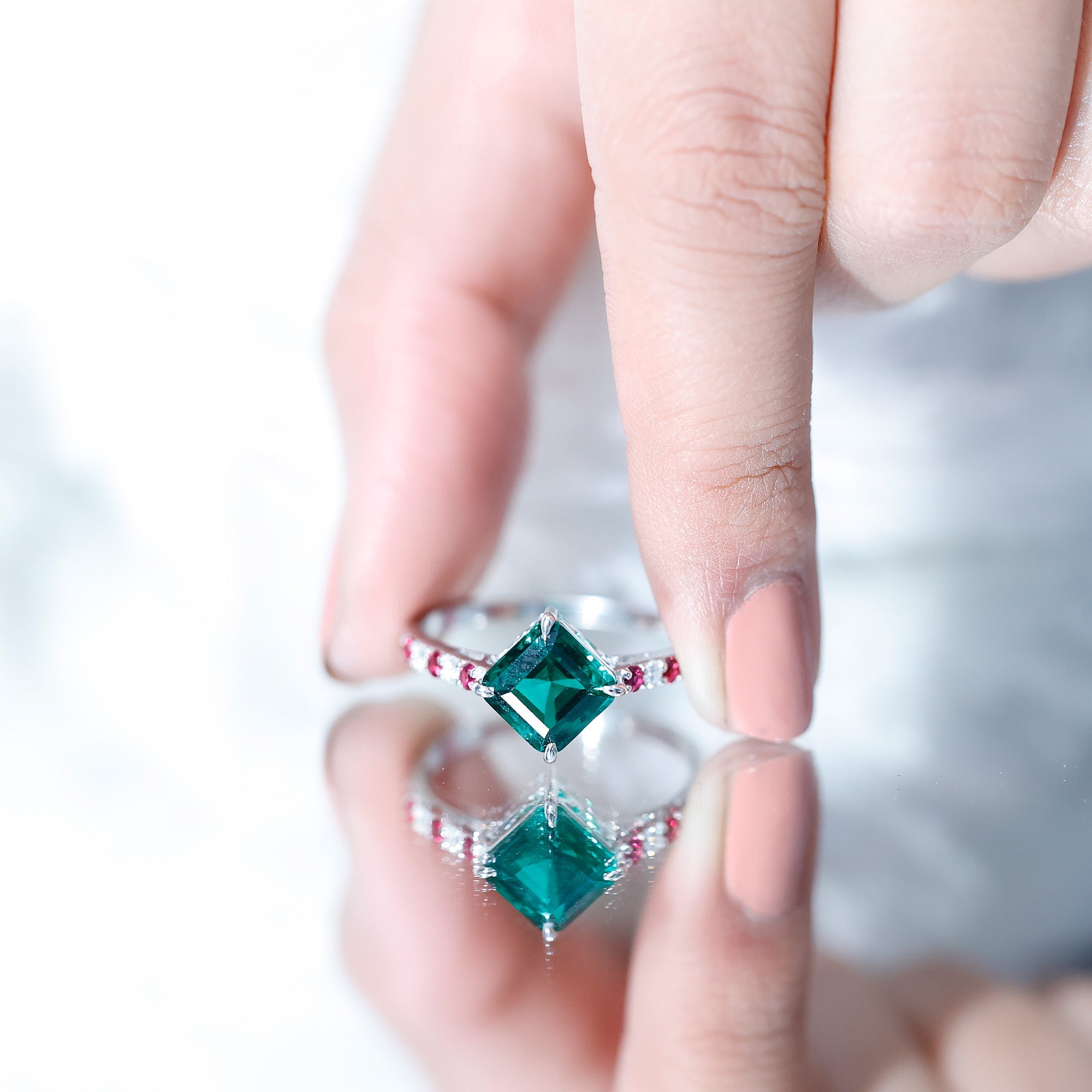 Lab Created Emerald Engagement Ring with Lab Created Ruby and Moissanite