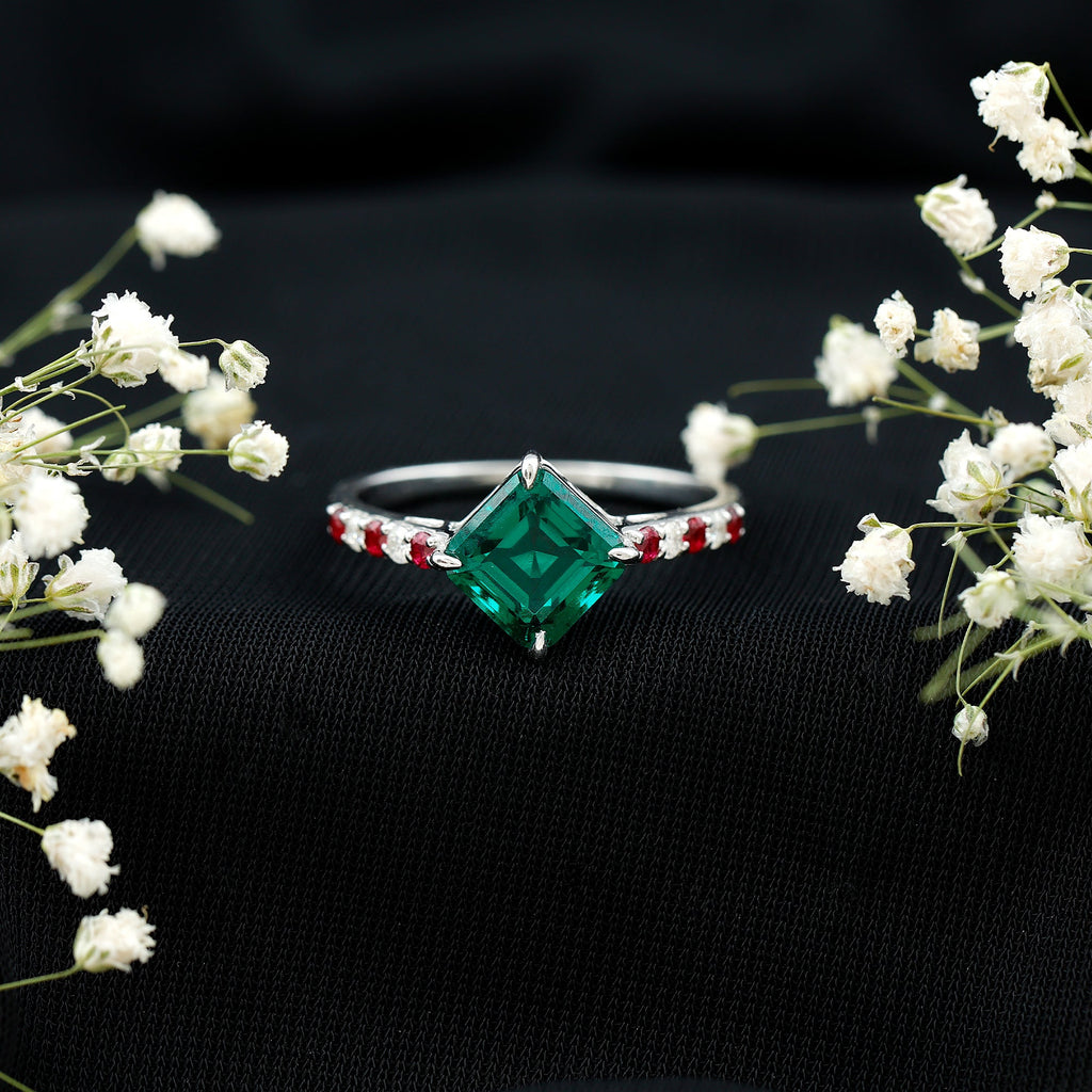 Lab Created Emerald Engagement Ring with Lab Created Ruby and Moissanite