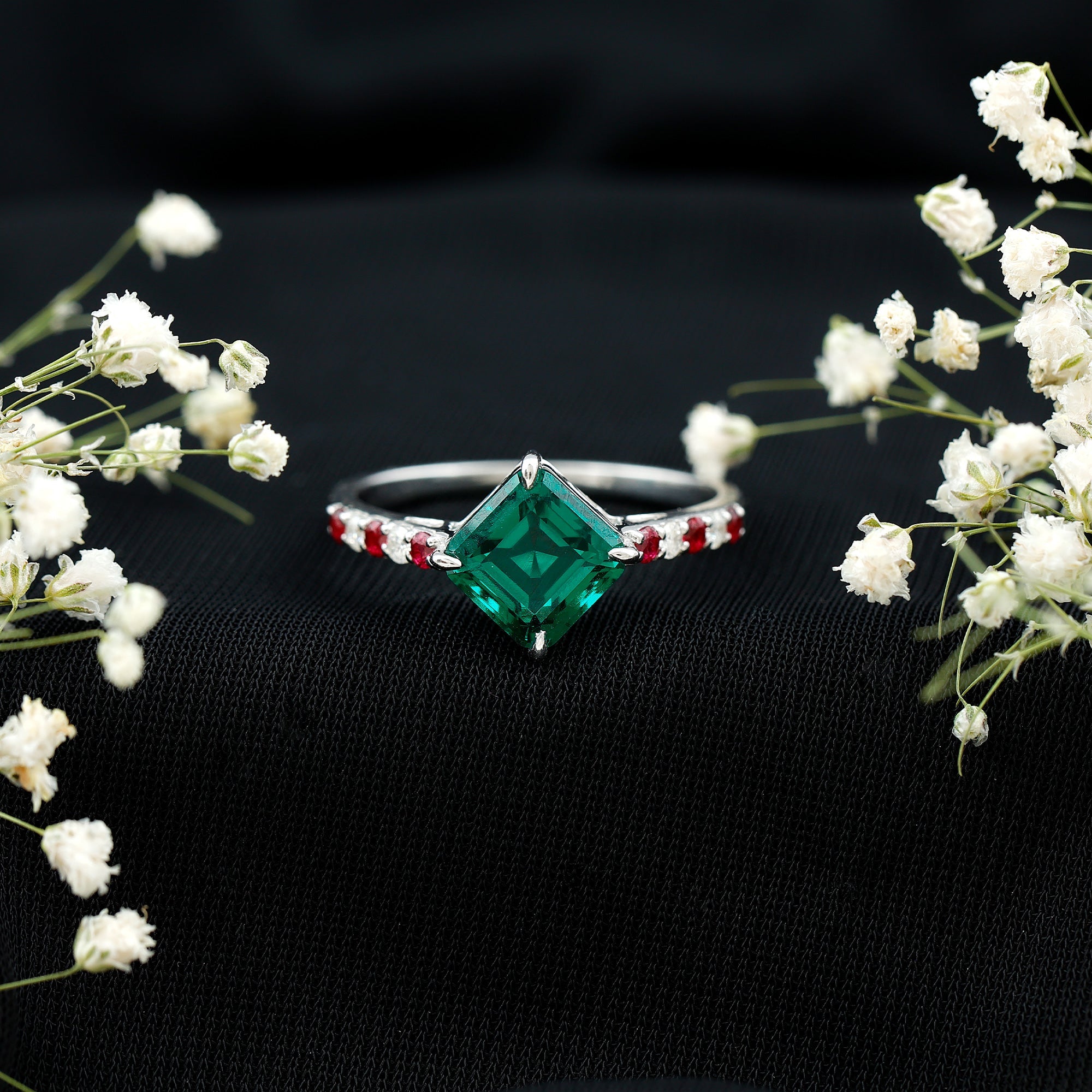 Lab Created Emerald Engagement Ring with Lab Created Ruby and Moissanite